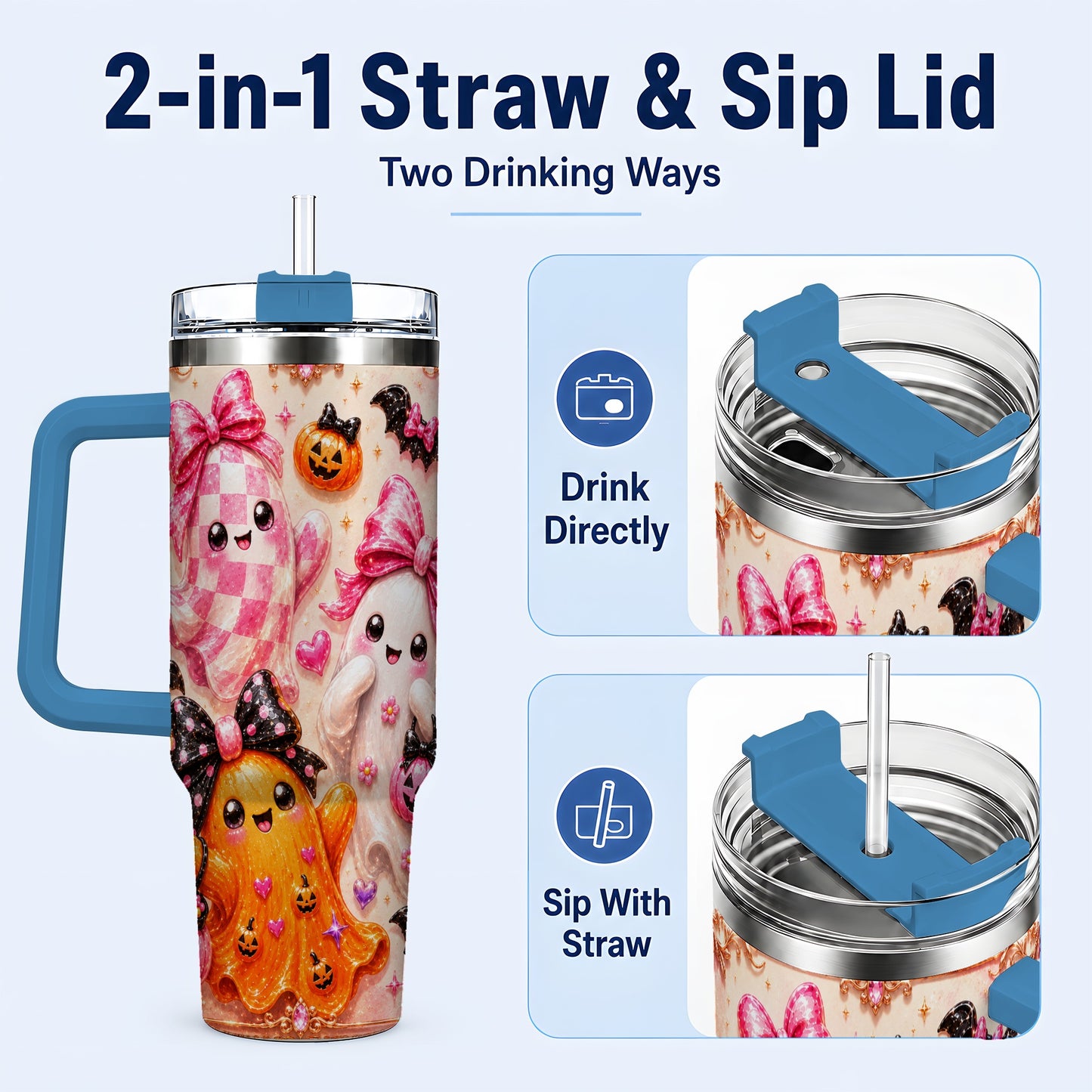 #pl[40oz|Blue] Ghost Trio 40oz Tumbler with Handle, Halloween Stainless Steel Travel Cup