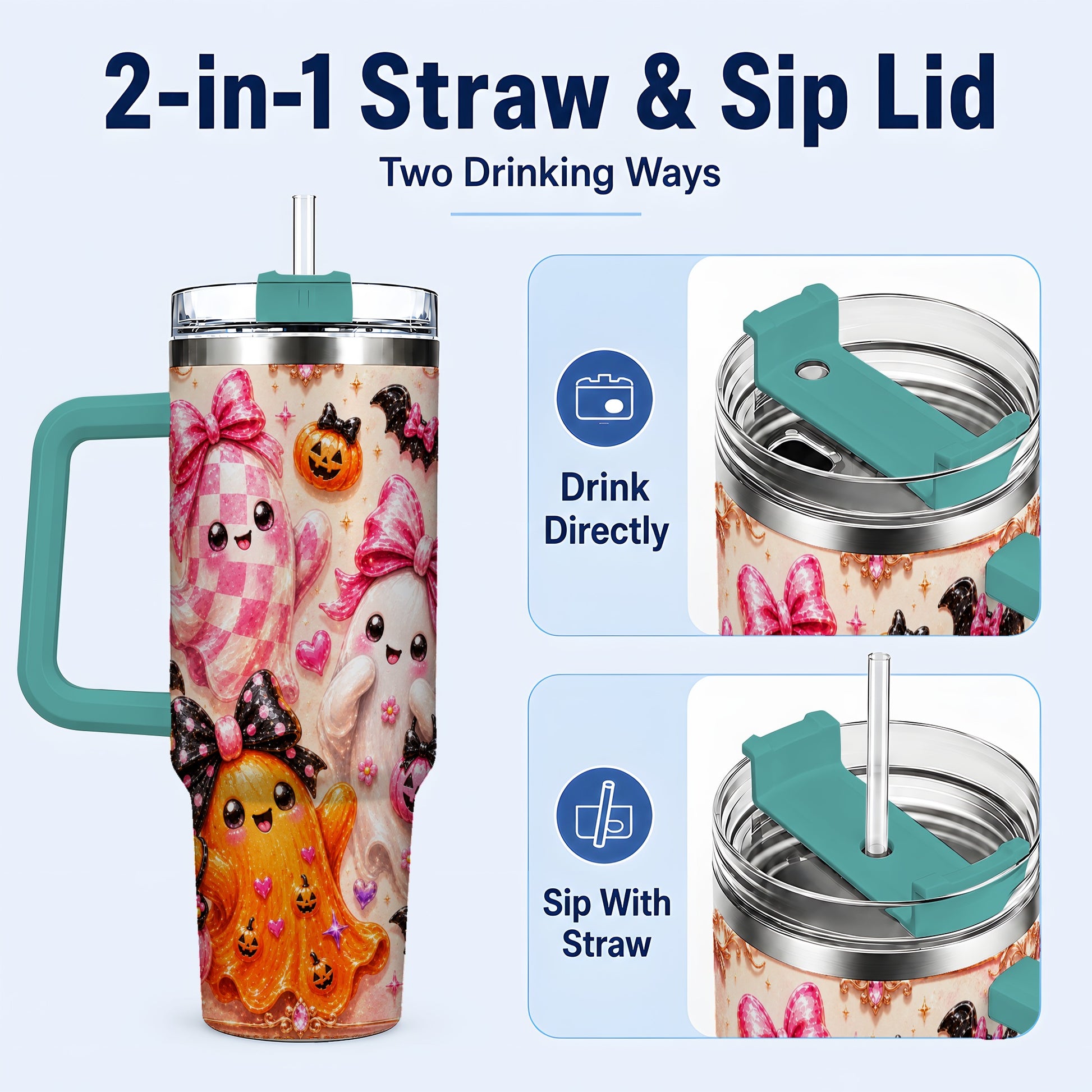 #pl[40oz|Green] Ghost Trio 40oz Tumbler with Handle, Halloween Stainless Steel Travel Cup