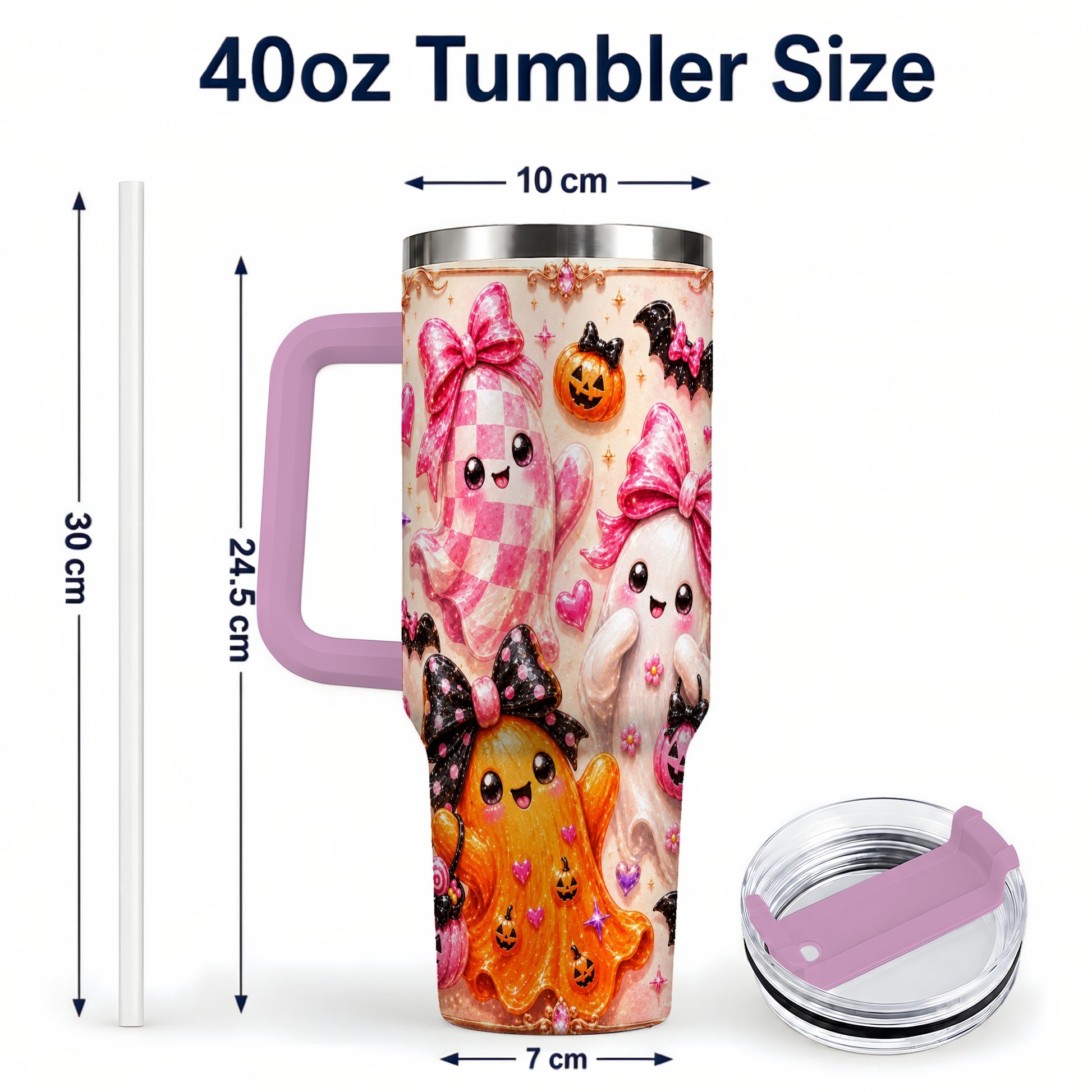 #pl[40oz|Pink] Ghost Trio 40oz Tumbler with Handle, Halloween Stainless Steel Travel Cup
