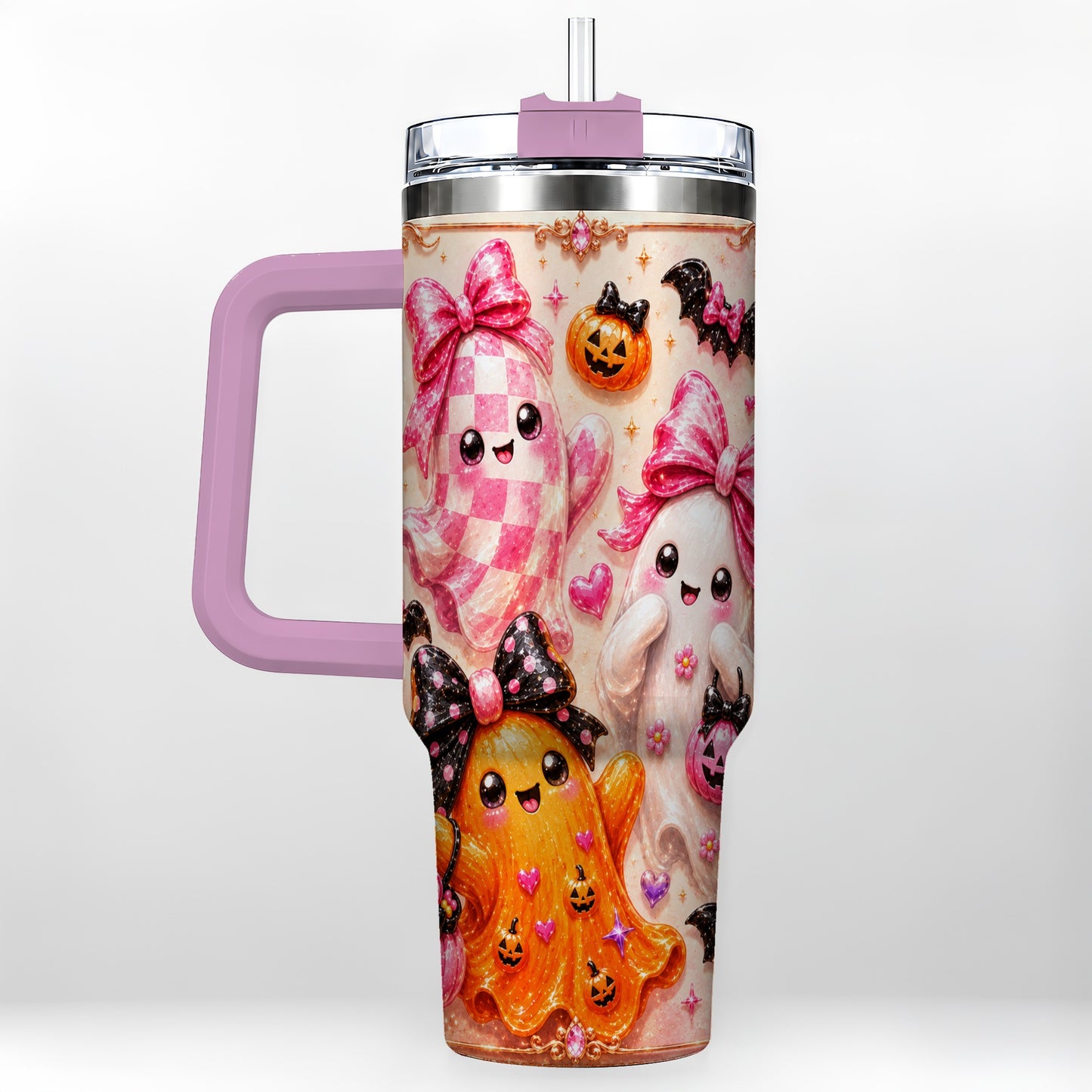 #pl[40oz|Pink] Ghost Trio 40oz Tumbler with Handle, Halloween Stainless Steel Travel Cup