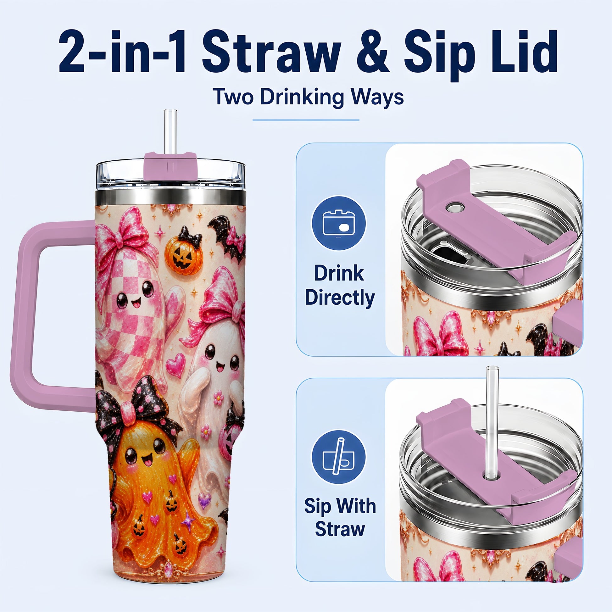 #pl[40oz|Pink] Ghost Trio 40oz Tumbler with Handle, Halloween Stainless Steel Travel Cup