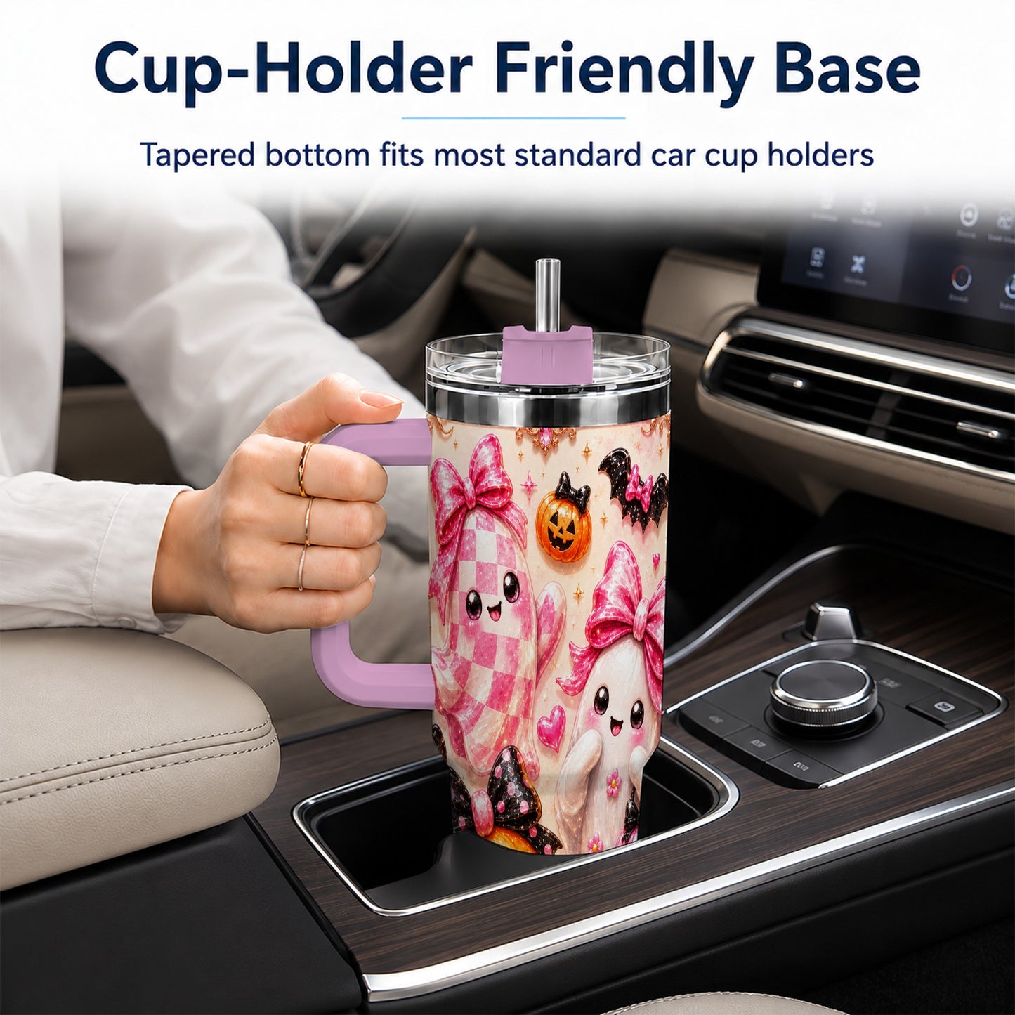 #pl[40oz|Pink] Ghost Trio 40oz Tumbler with Handle, Halloween Stainless Steel Travel Cup