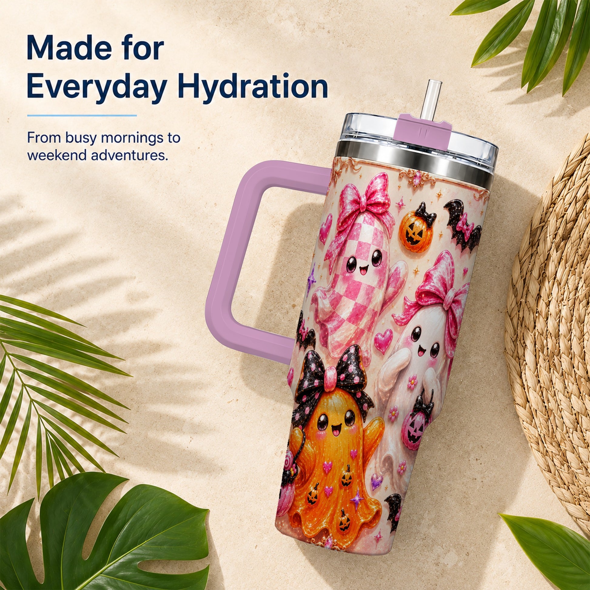 #pl[40oz|Pink] Ghost Trio 40oz Tumbler with Handle, Halloween Stainless Steel Travel Cup
