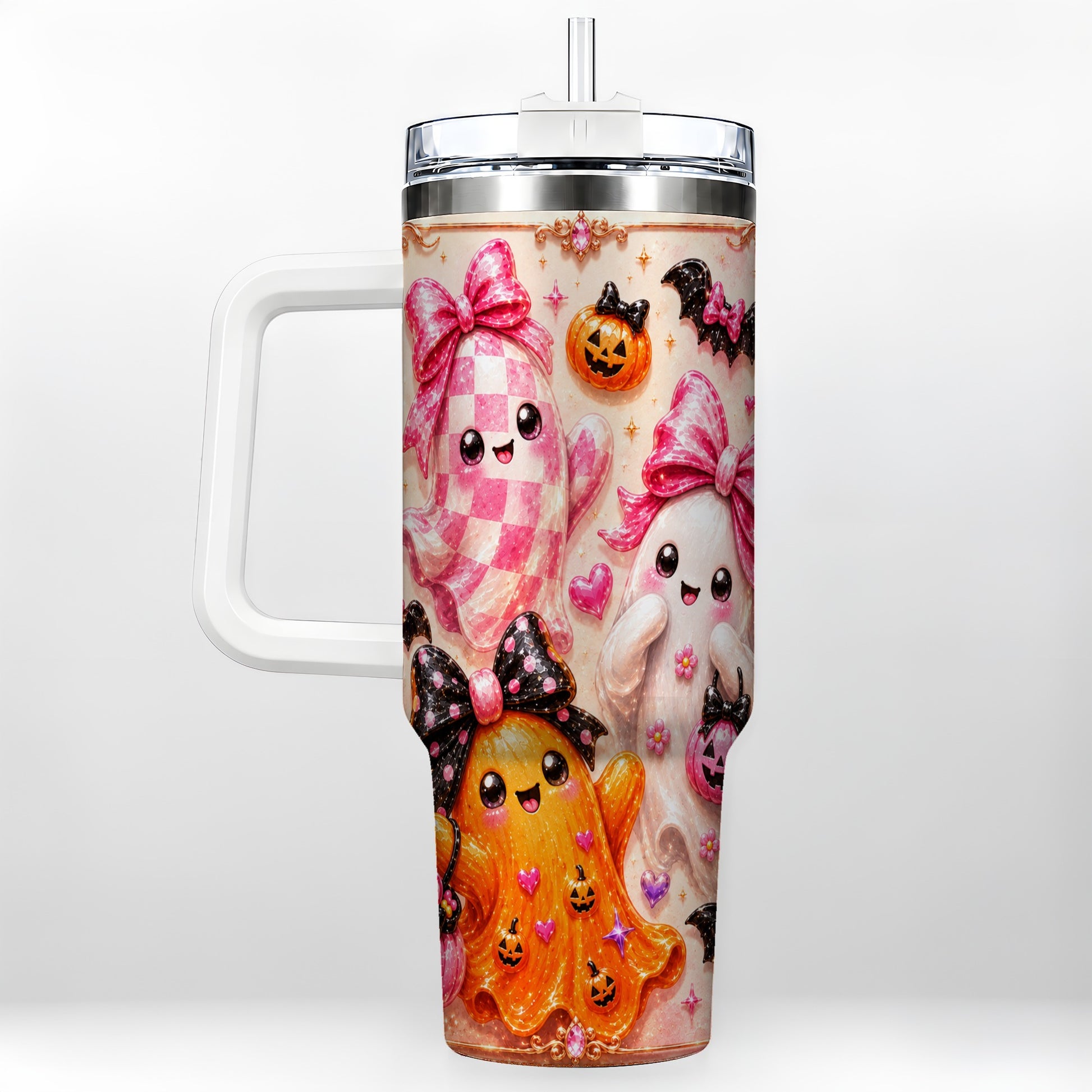 #pl[40oz|White] Ghost Trio 40oz Tumbler with Handle, Halloween Stainless Steel Travel Cup
