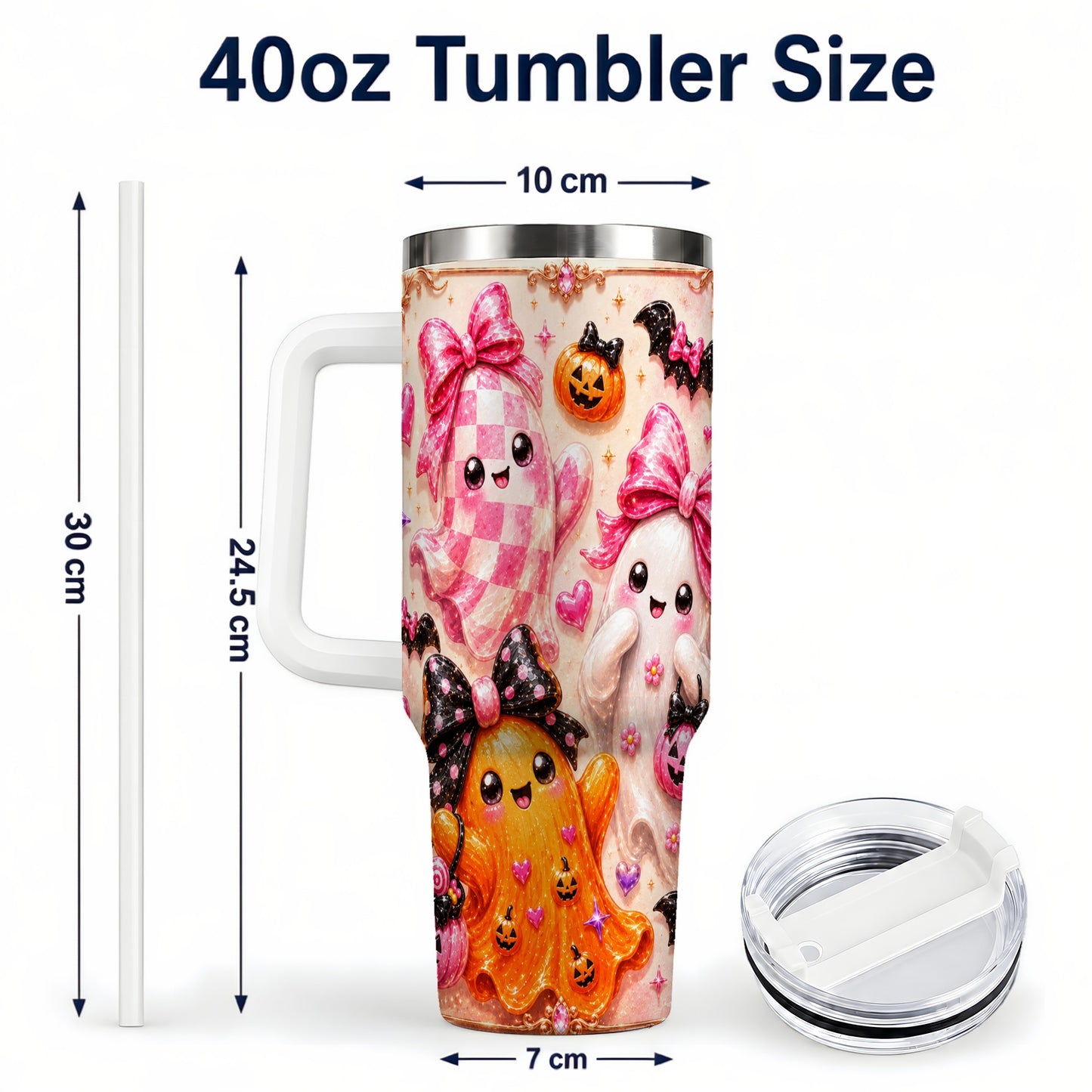 #pl[40oz|White] Ghost Trio 40oz Tumbler with Handle, Halloween Stainless Steel Travel Cup