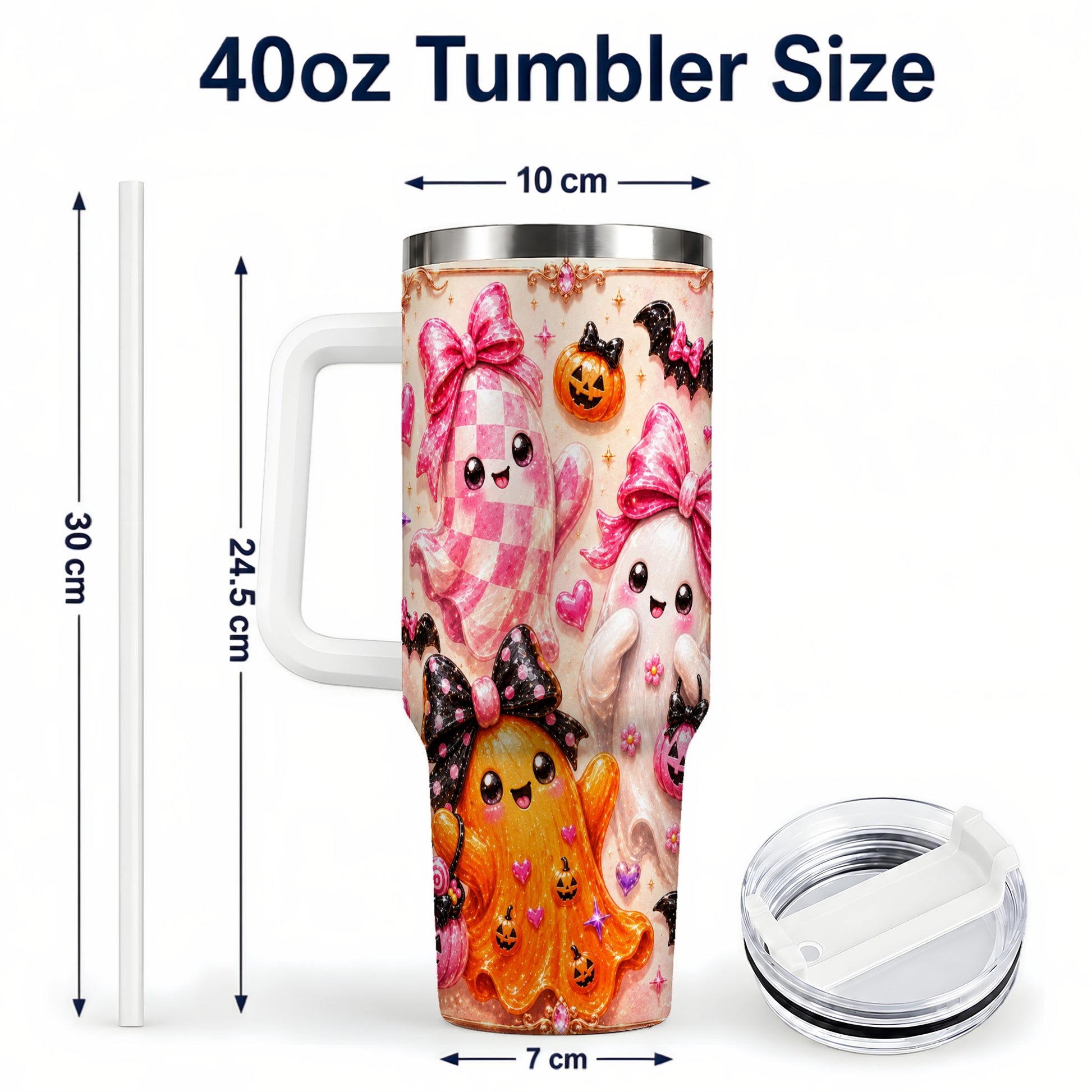 #pl[40oz|White] Ghost Trio 40oz Tumbler with Handle, Halloween Stainless Steel Travel Cup