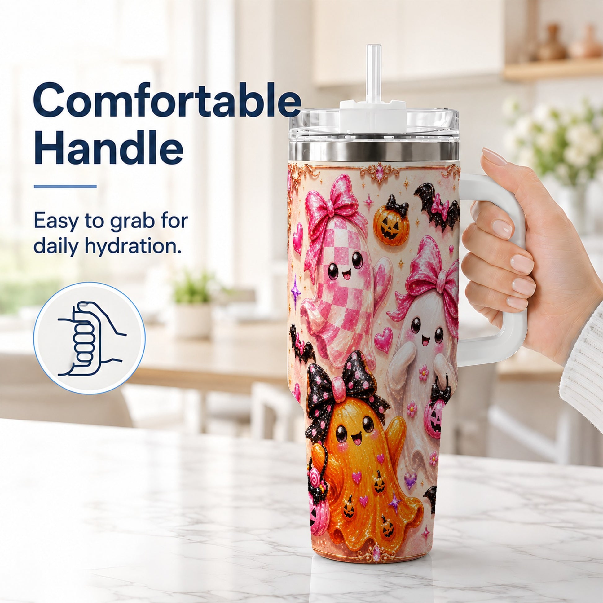 #pl[40oz|White] Ghost Trio 40oz Tumbler with Handle, Halloween Stainless Steel Travel Cup