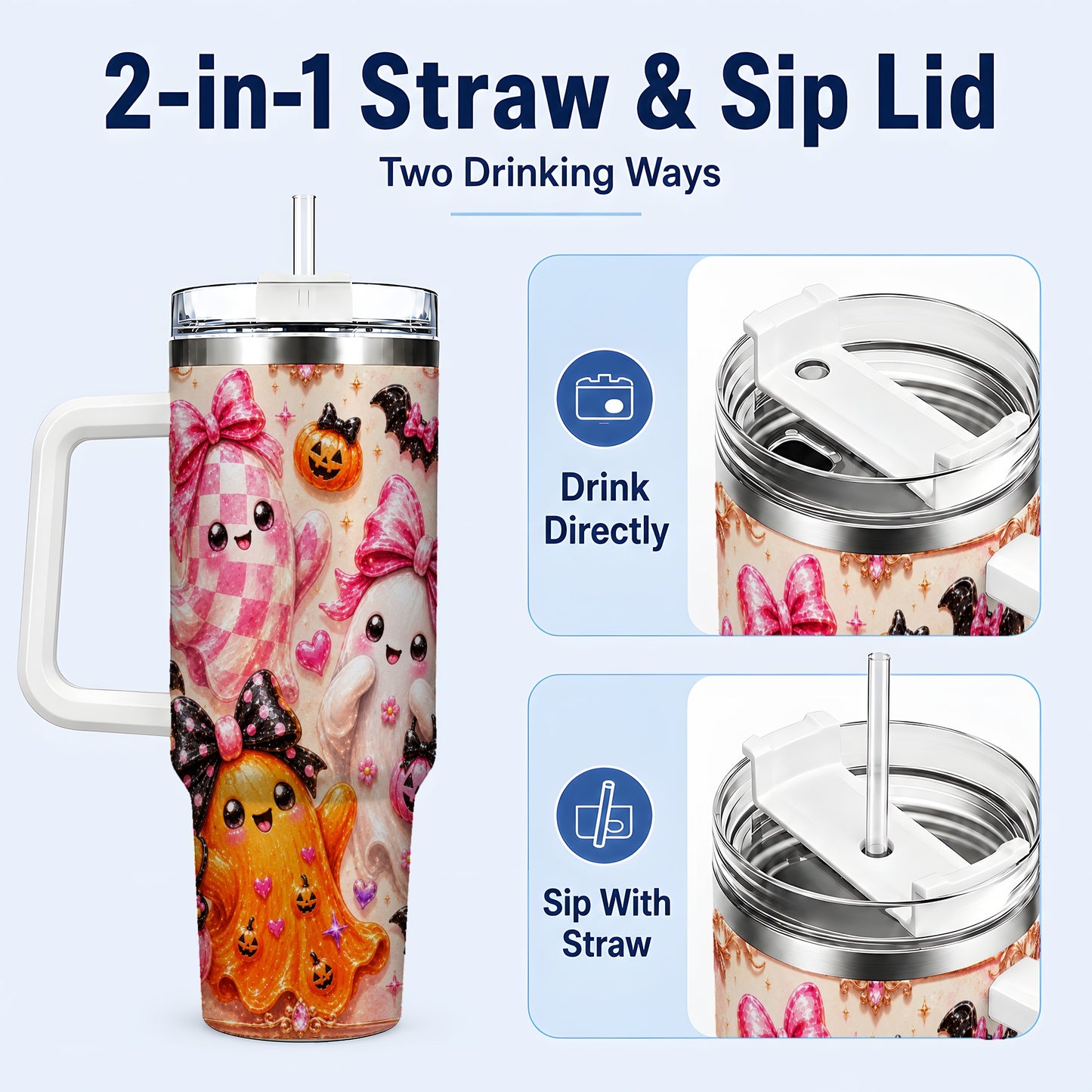 #pl[40oz|White] Ghost Trio 40oz Tumbler with Handle, Halloween Stainless Steel Travel Cup
