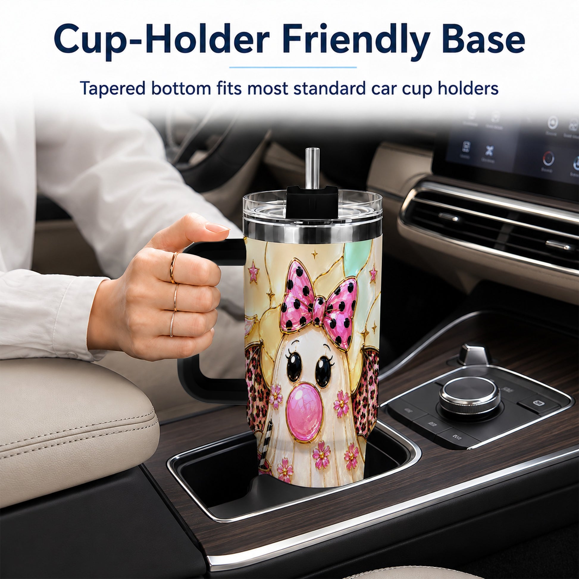#pl[40oz|Black] Bow Ghost 40oz Tumbler with Handle, Halloween Stainless Steel Travel Cup