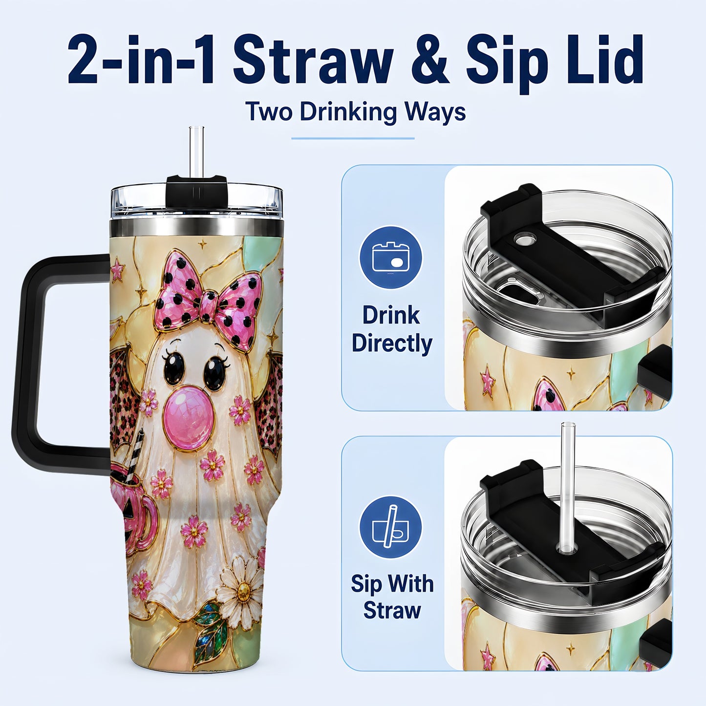 #pl[40oz|Black] Bow Ghost 40oz Tumbler with Handle, Halloween Stainless Steel Travel Cup