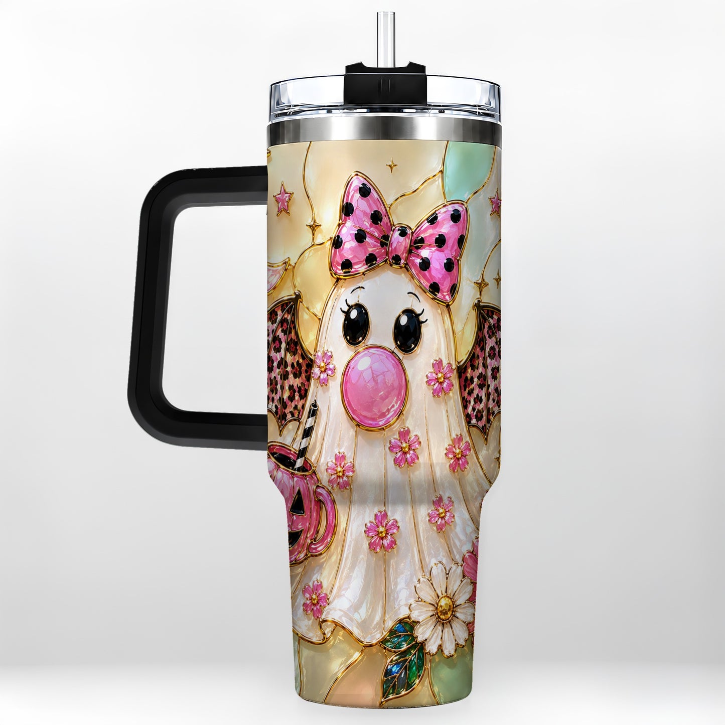 #pl[40oz|Black] Bow Ghost 40oz Tumbler with Handle, Halloween Stainless Steel Travel Cup