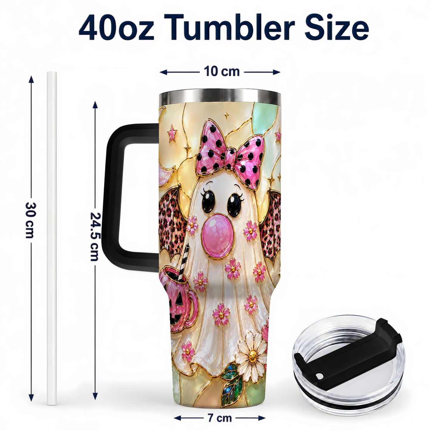 #pl[40oz|Black] Bow Ghost 40oz Tumbler with Handle, Halloween Stainless Steel Travel Cup