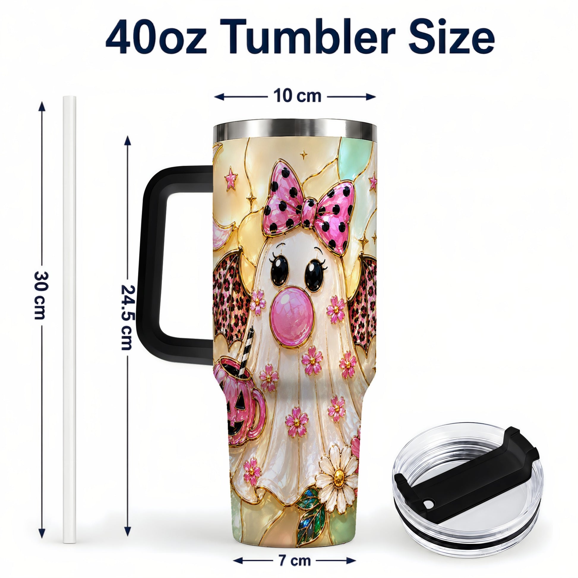 #pl[40oz|Black] Bow Ghost 40oz Tumbler with Handle, Halloween Stainless Steel Travel Cup