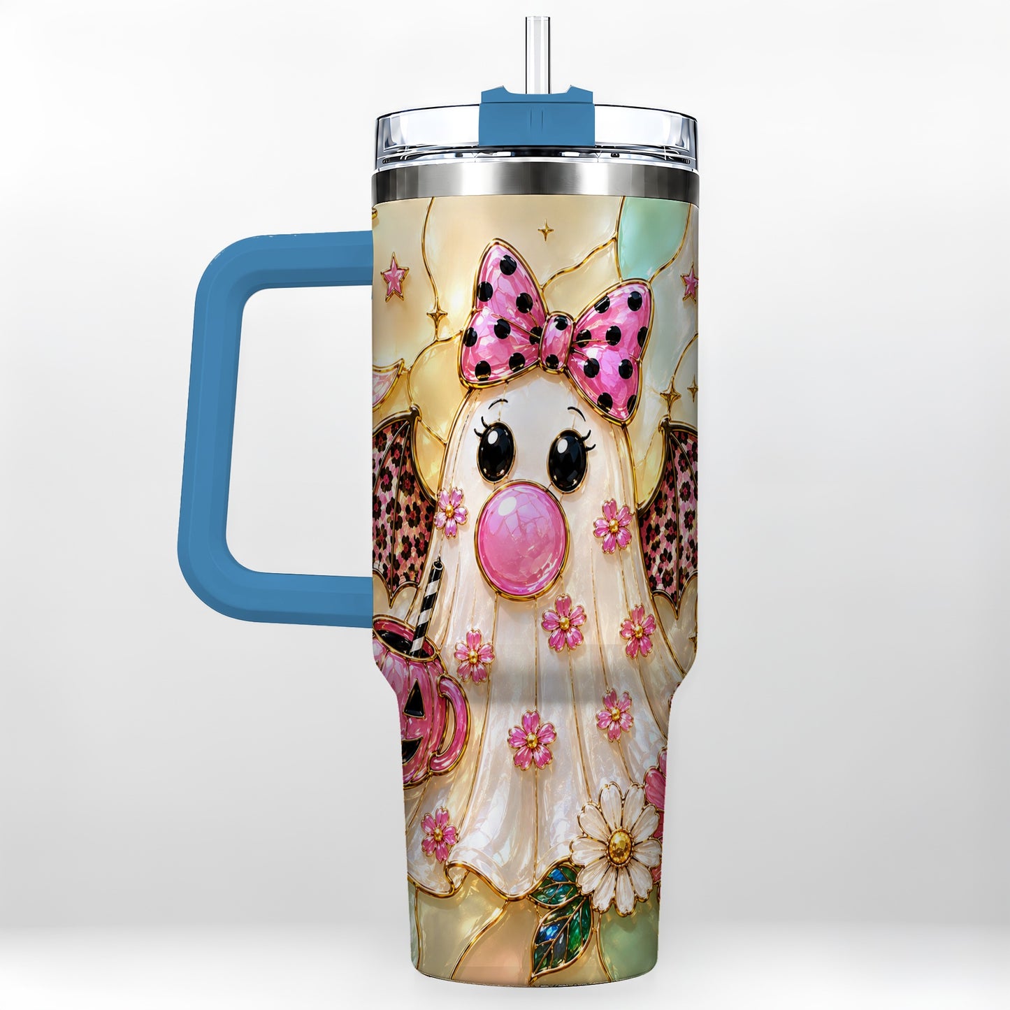 #pl[40oz|Blue] Bow Ghost 40oz Tumbler with Handle, Halloween Stainless Steel Travel Cup