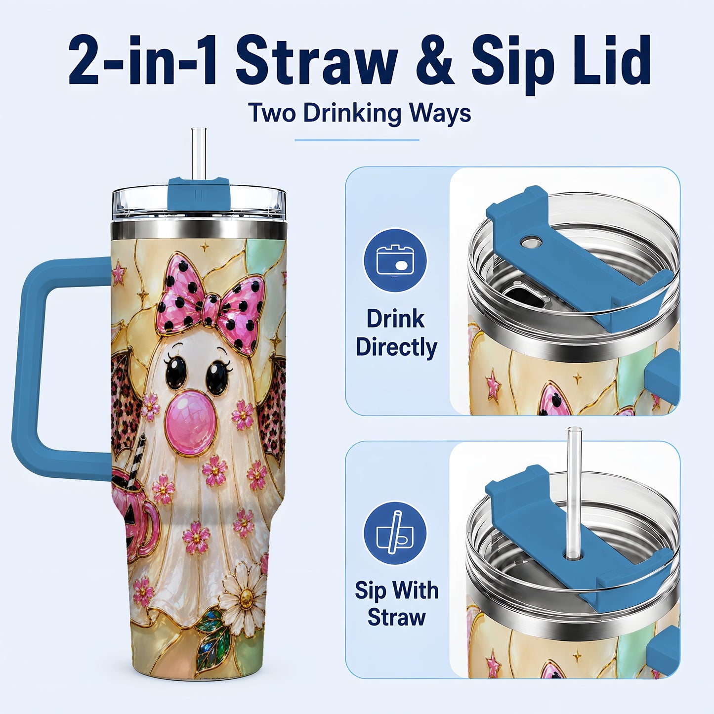 #pl[40oz|Blue] Bow Ghost 40oz Tumbler with Handle, Halloween Stainless Steel Travel Cup