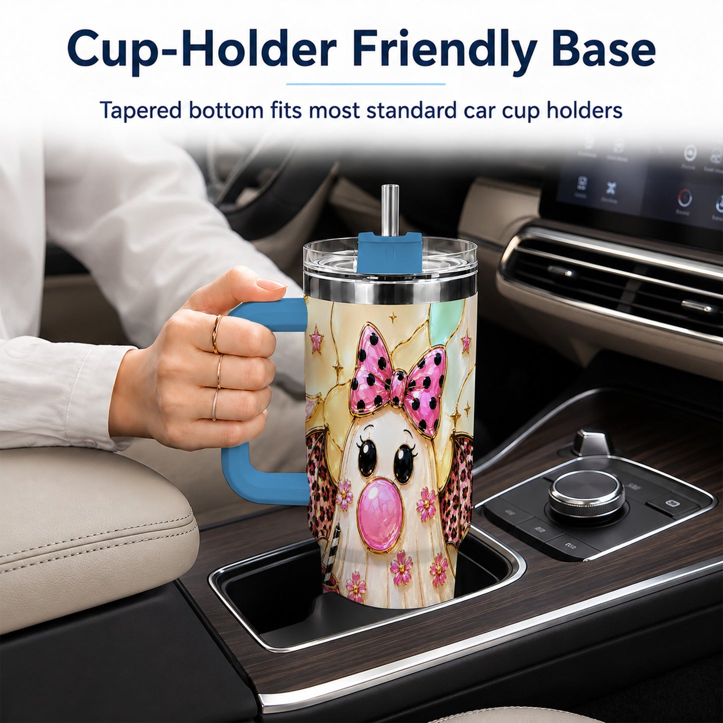 #pl[40oz|Blue] Bow Ghost 40oz Tumbler with Handle, Halloween Stainless Steel Travel Cup
