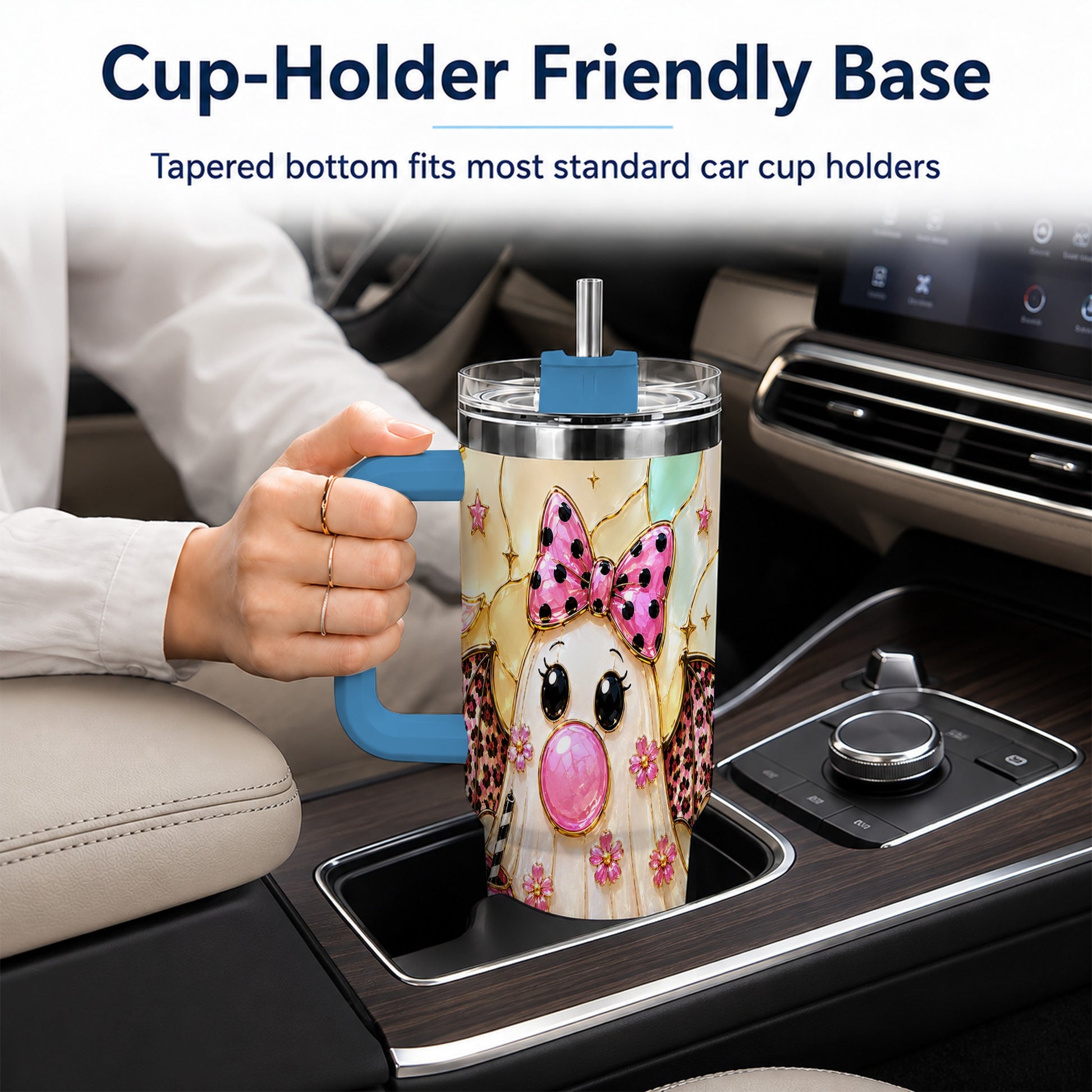 #pl[40oz|Blue] Bow Ghost 40oz Tumbler with Handle, Halloween Stainless Steel Travel Cup