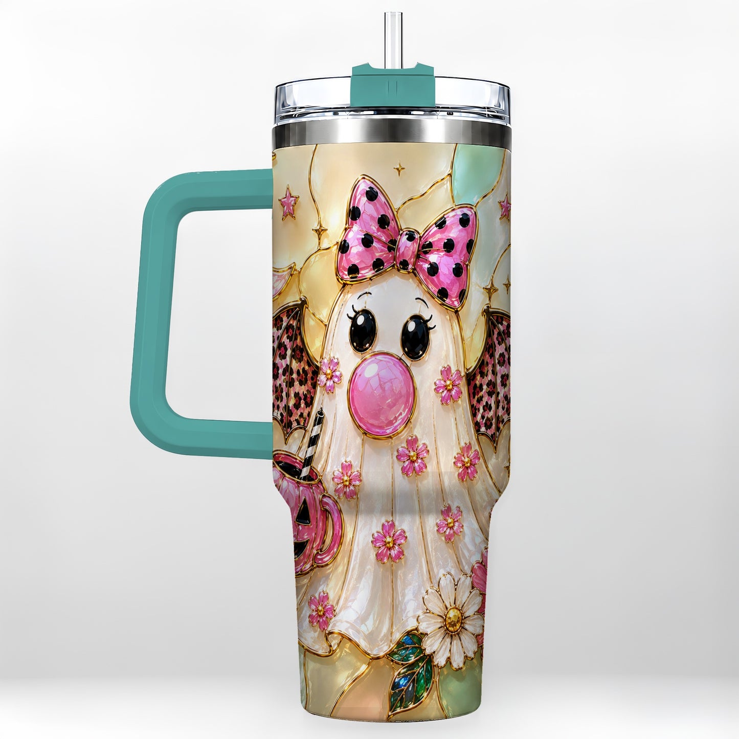 #pl[40oz|Green] Bow Ghost 40oz Tumbler with Handle, Halloween Stainless Steel Travel Cup