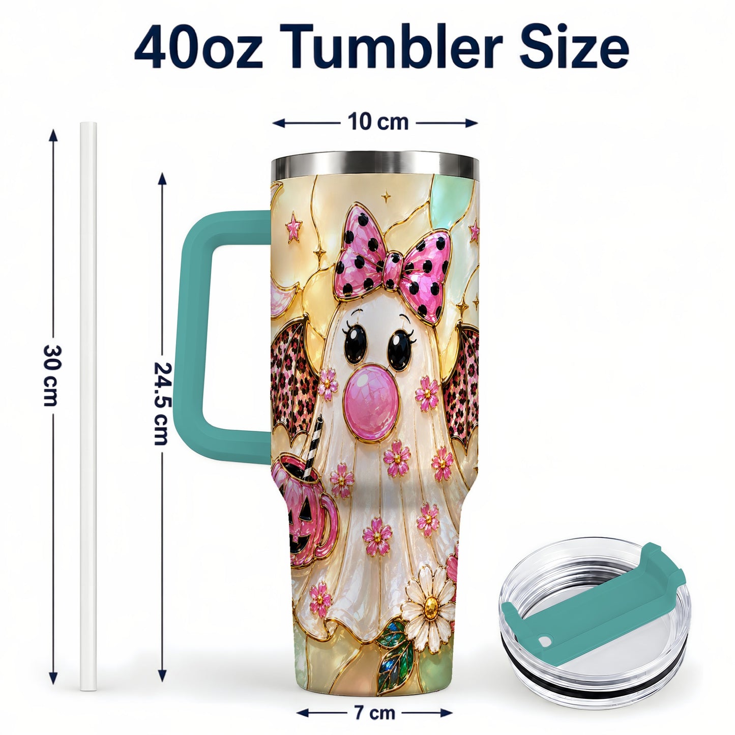 #pl[40oz|Green] Bow Ghost 40oz Tumbler with Handle, Halloween Stainless Steel Travel Cup