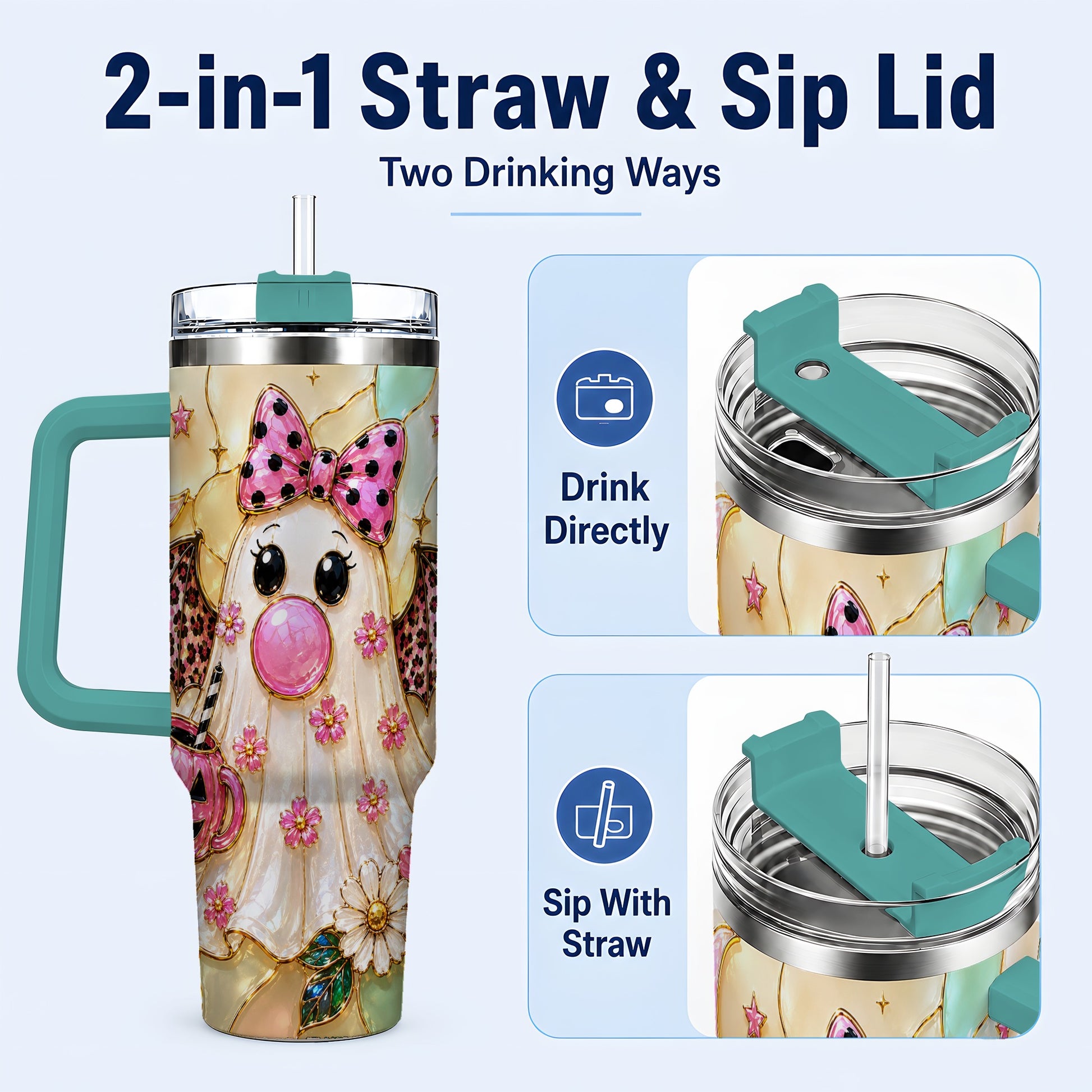 #pl[40oz|Green] Bow Ghost 40oz Tumbler with Handle, Halloween Stainless Steel Travel Cup