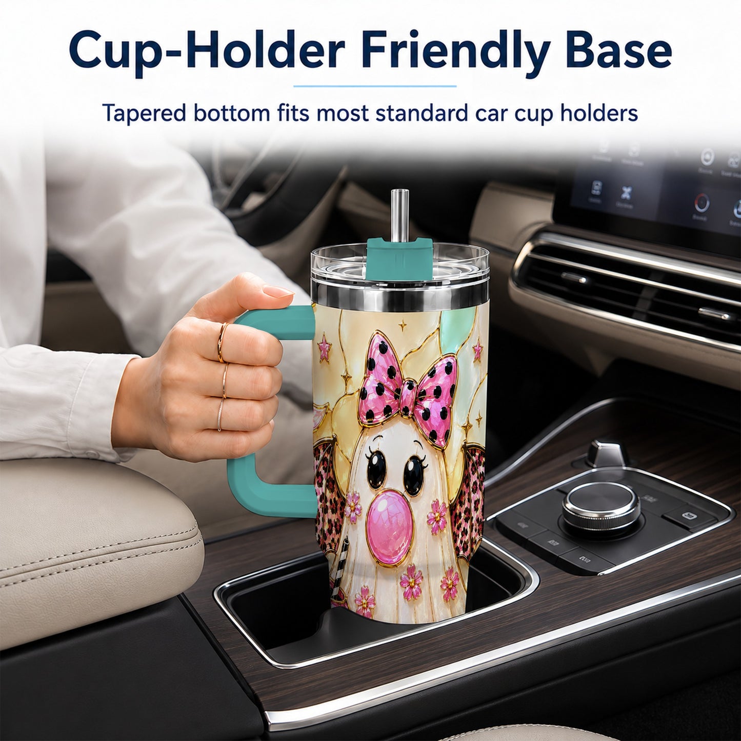 #pl[40oz|Green] Bow Ghost 40oz Tumbler with Handle, Halloween Stainless Steel Travel Cup