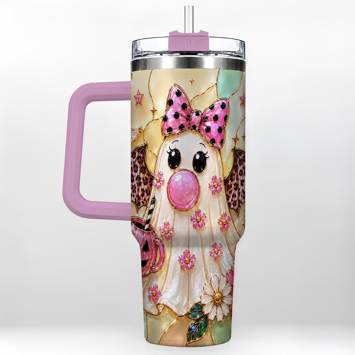 #pl[40oz|Pink] Bow Ghost 40oz Tumbler with Handle, Halloween Stainless Steel Travel Cup