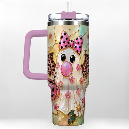 #pl[40oz|Pink] Bow Ghost 40oz Tumbler with Handle, Halloween Stainless Steel Travel Cup