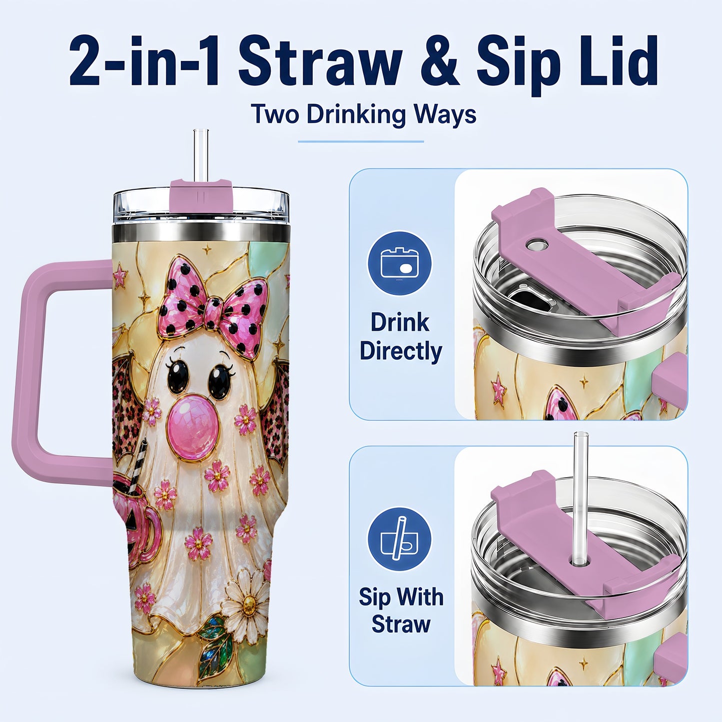 #pl[40oz|Pink] Bow Ghost 40oz Tumbler with Handle, Halloween Stainless Steel Travel Cup