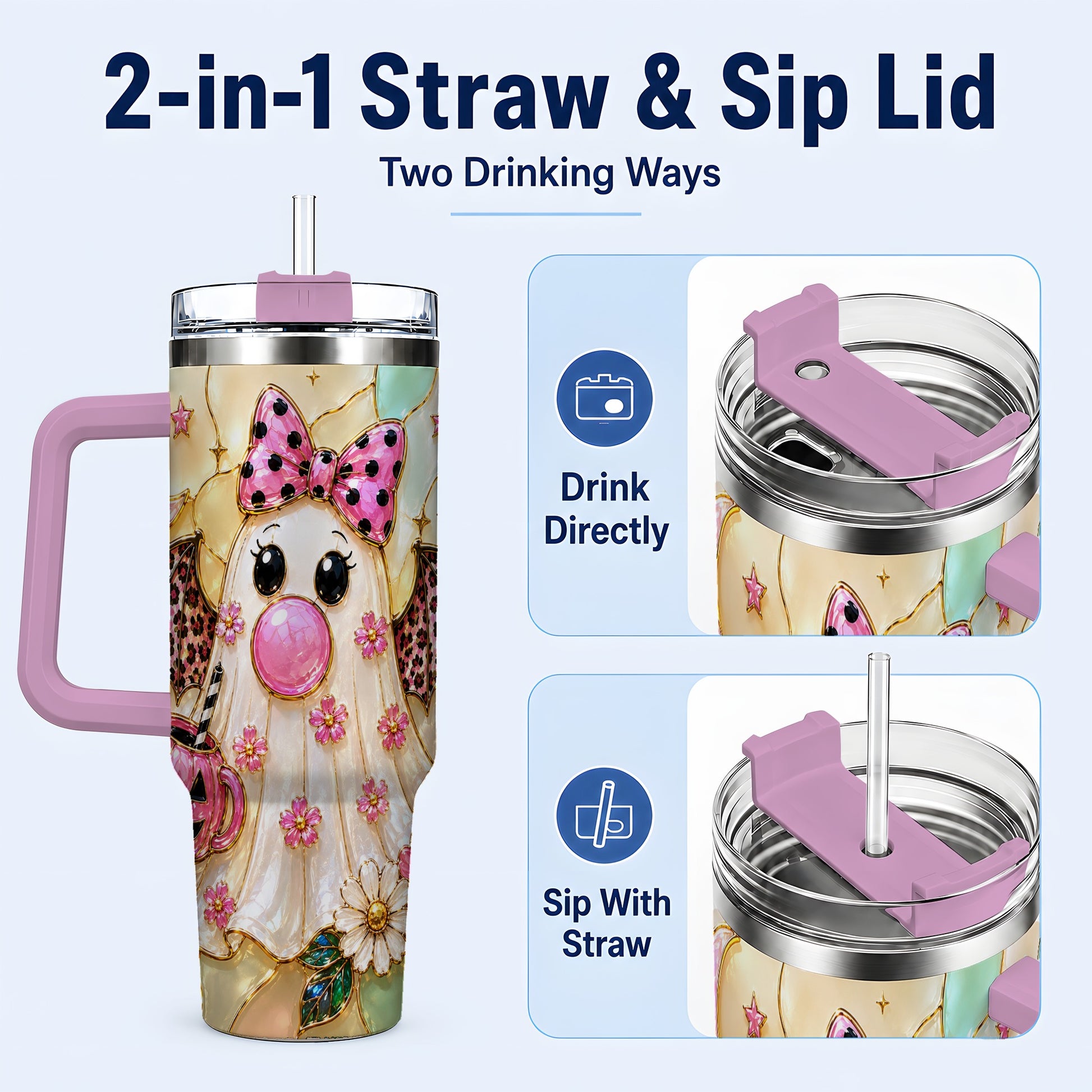 #pl[40oz|Pink] Bow Ghost 40oz Tumbler with Handle, Halloween Stainless Steel Travel Cup