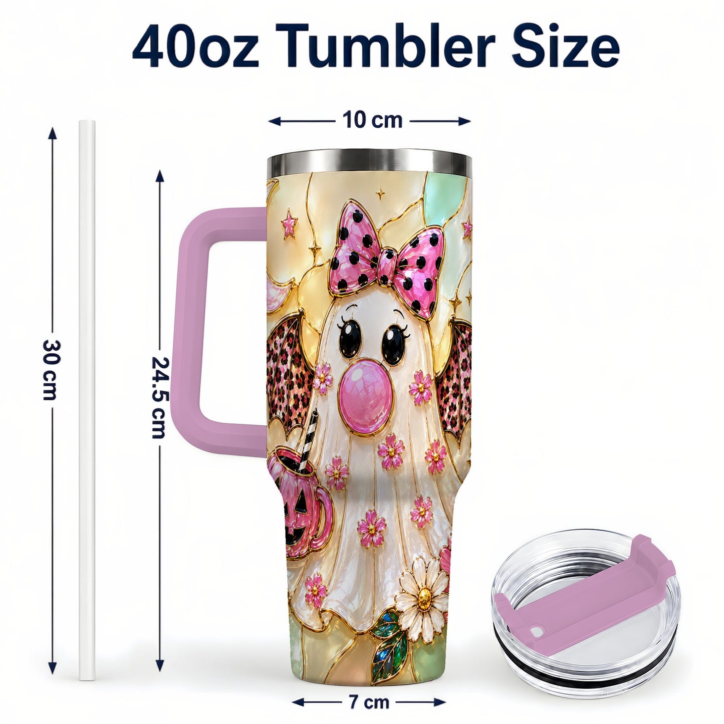 #pl[40oz|Pink] Bow Ghost 40oz Tumbler with Handle, Halloween Stainless Steel Travel Cup