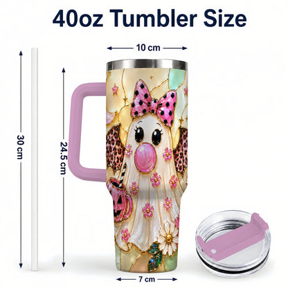 #pl[40oz|Pink] Bow Ghost 40oz Tumbler with Handle, Halloween Stainless Steel Travel Cup