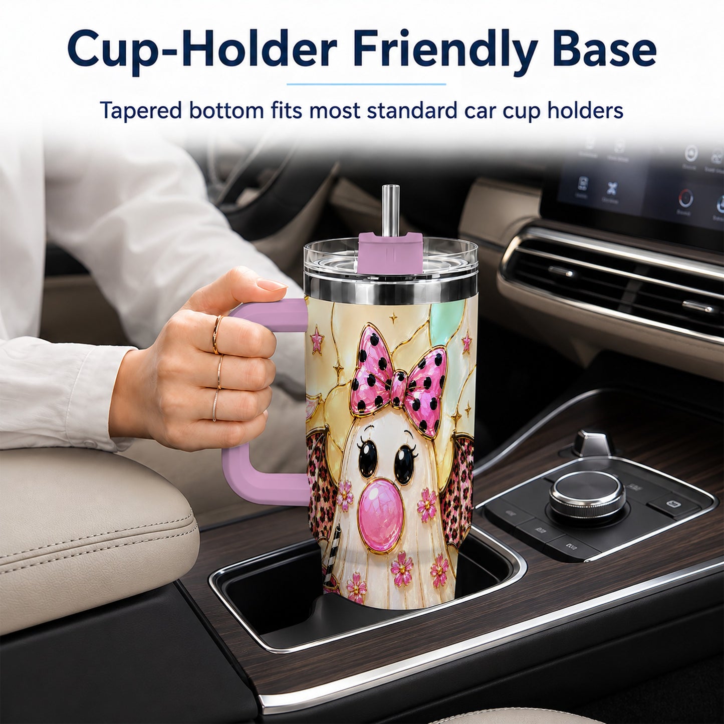 #pl[40oz|Pink] Bow Ghost 40oz Tumbler with Handle, Halloween Stainless Steel Travel Cup