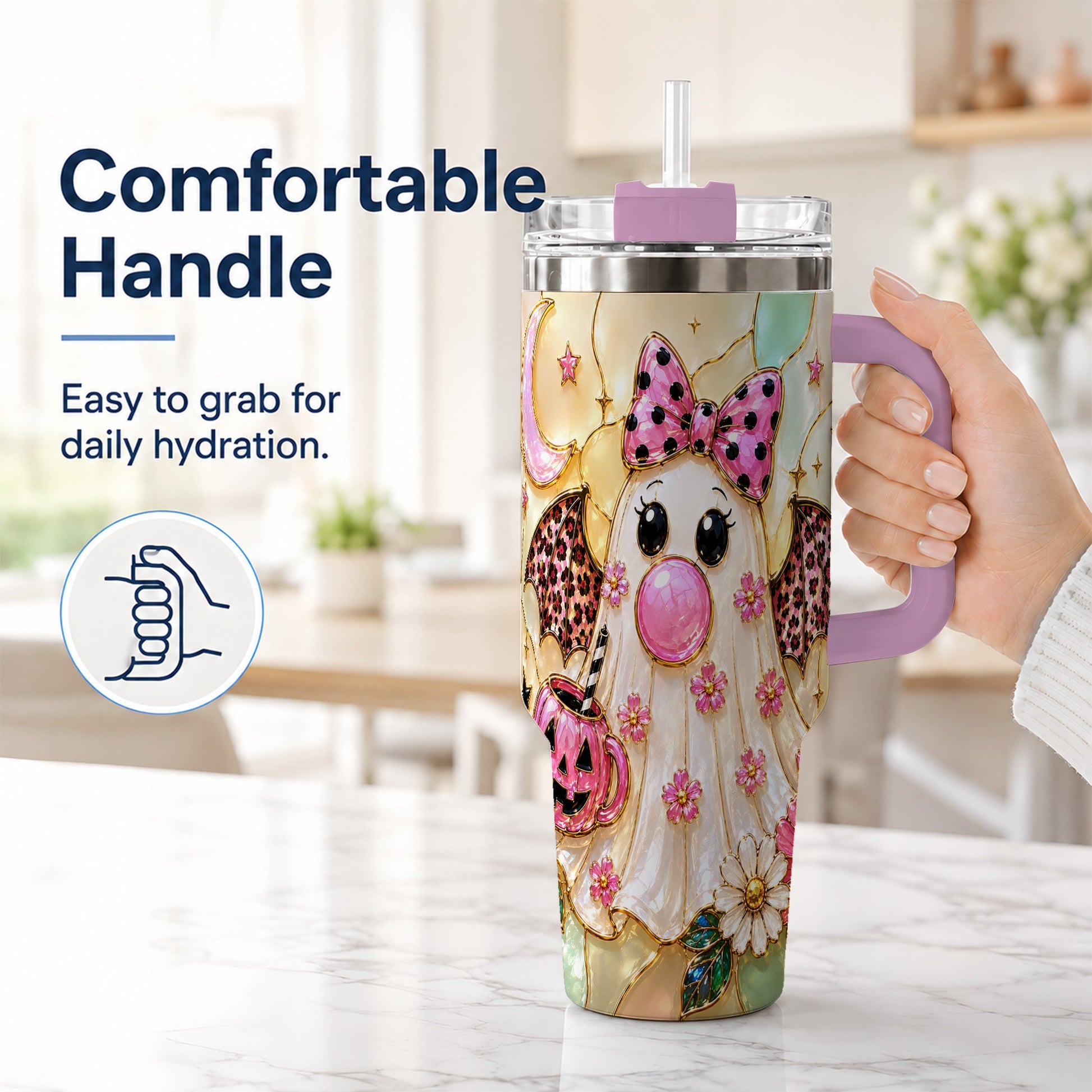 #pl[40oz|Pink] Bow Ghost 40oz Tumbler with Handle, Halloween Stainless Steel Travel Cup