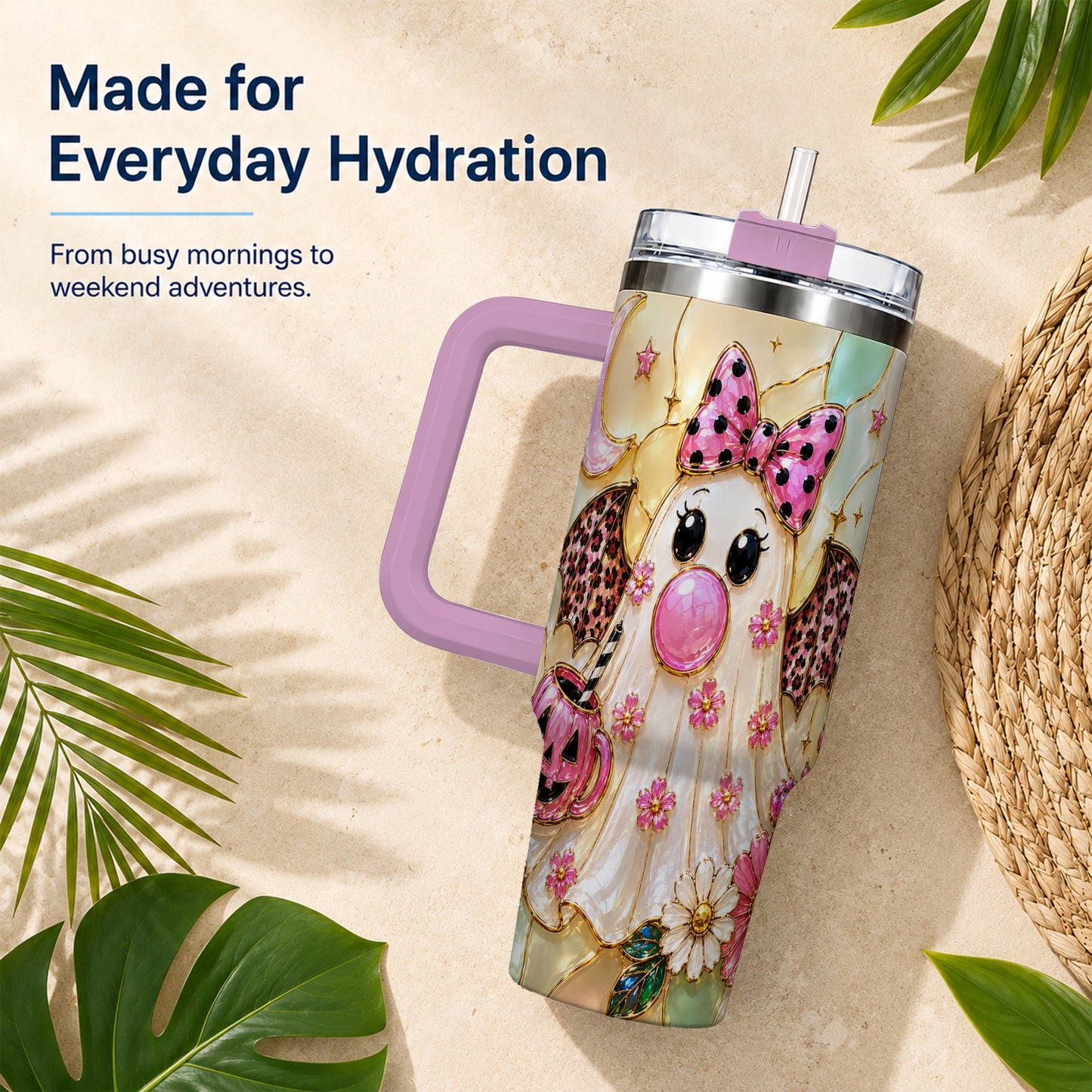 #pl[40oz|Pink] Bow Ghost 40oz Tumbler with Handle, Halloween Stainless Steel Travel Cup