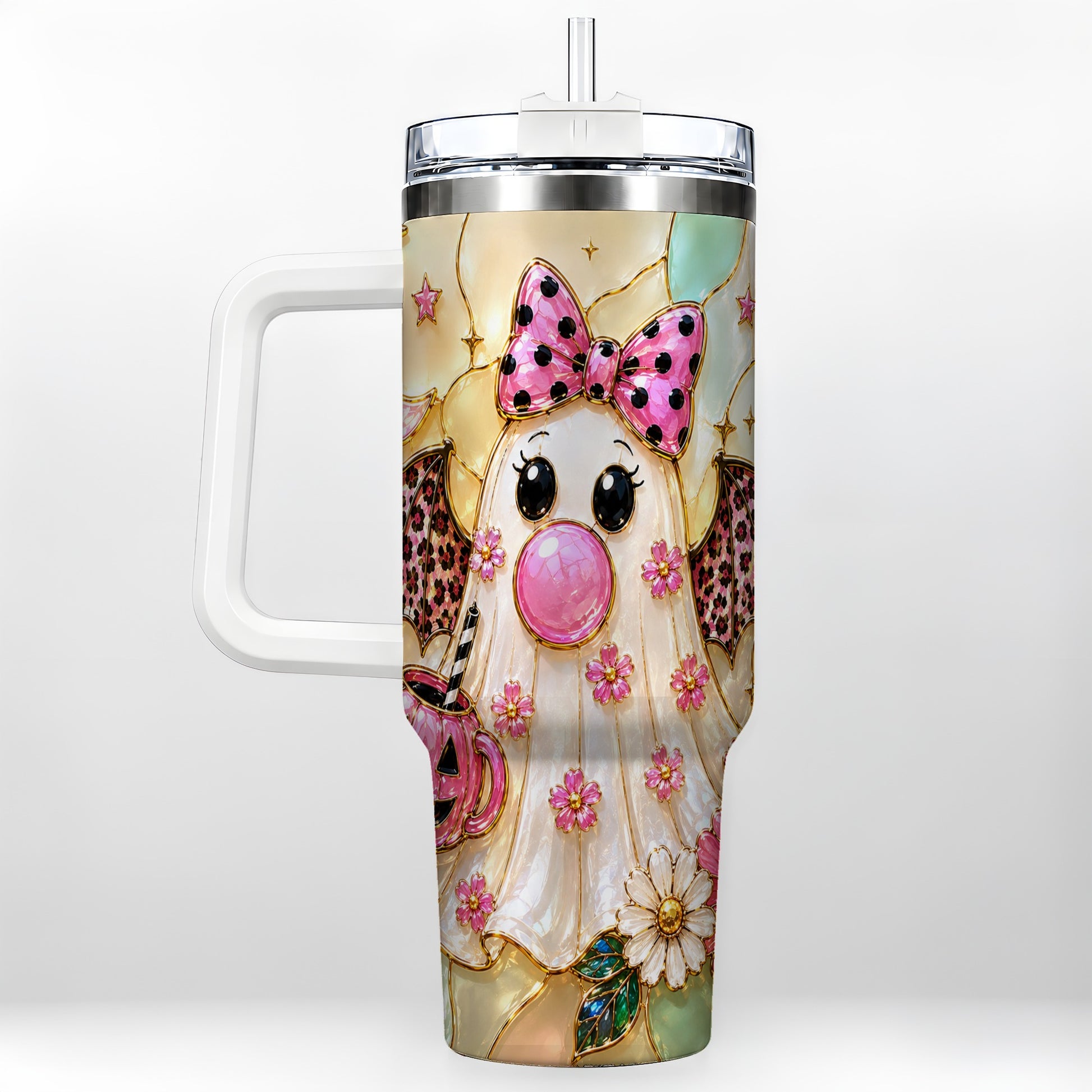 #pl[40oz|White] Bow Ghost 40oz Tumbler with Handle, Halloween Stainless Steel Travel Cup