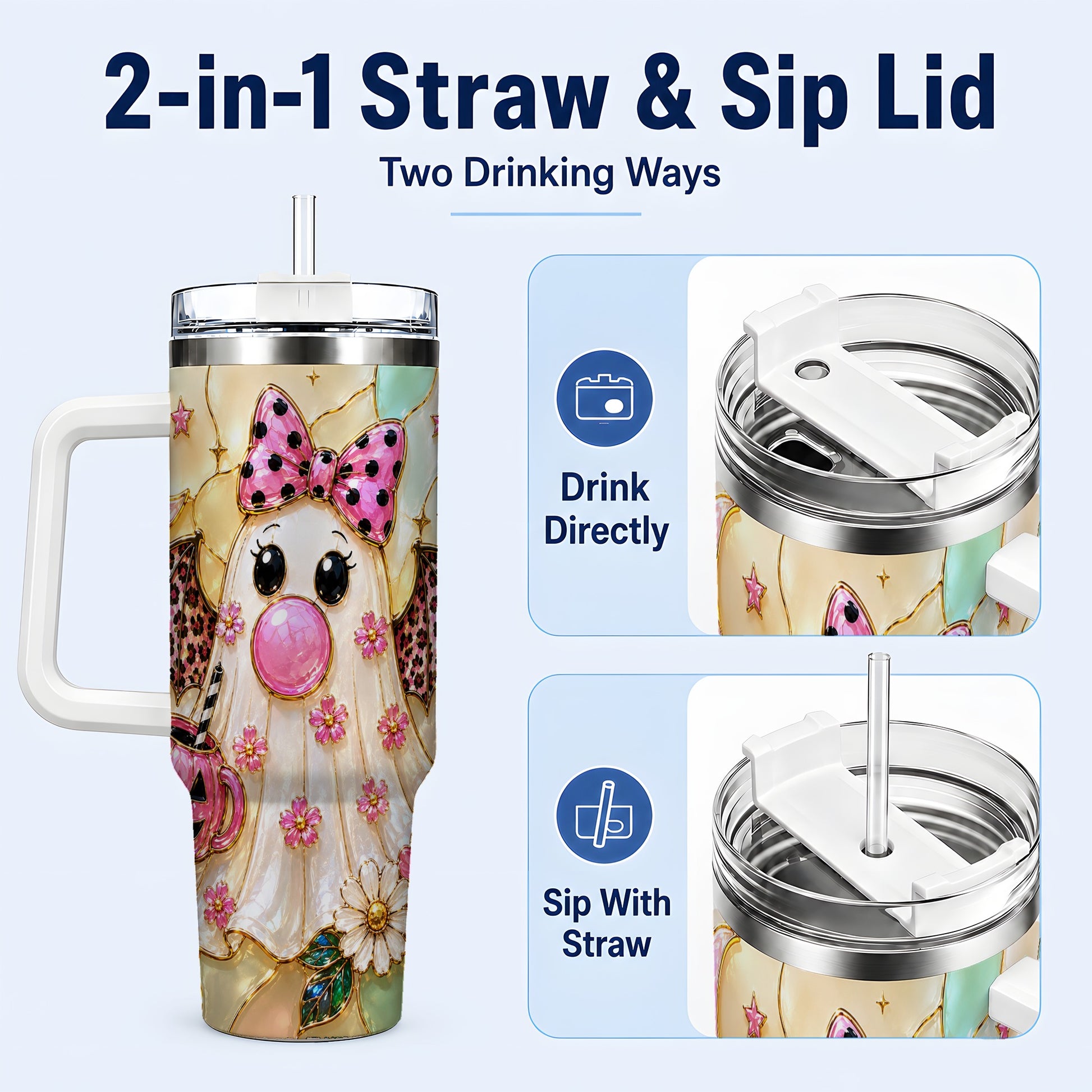#pl[40oz|White] Bow Ghost 40oz Tumbler with Handle, Halloween Stainless Steel Travel Cup