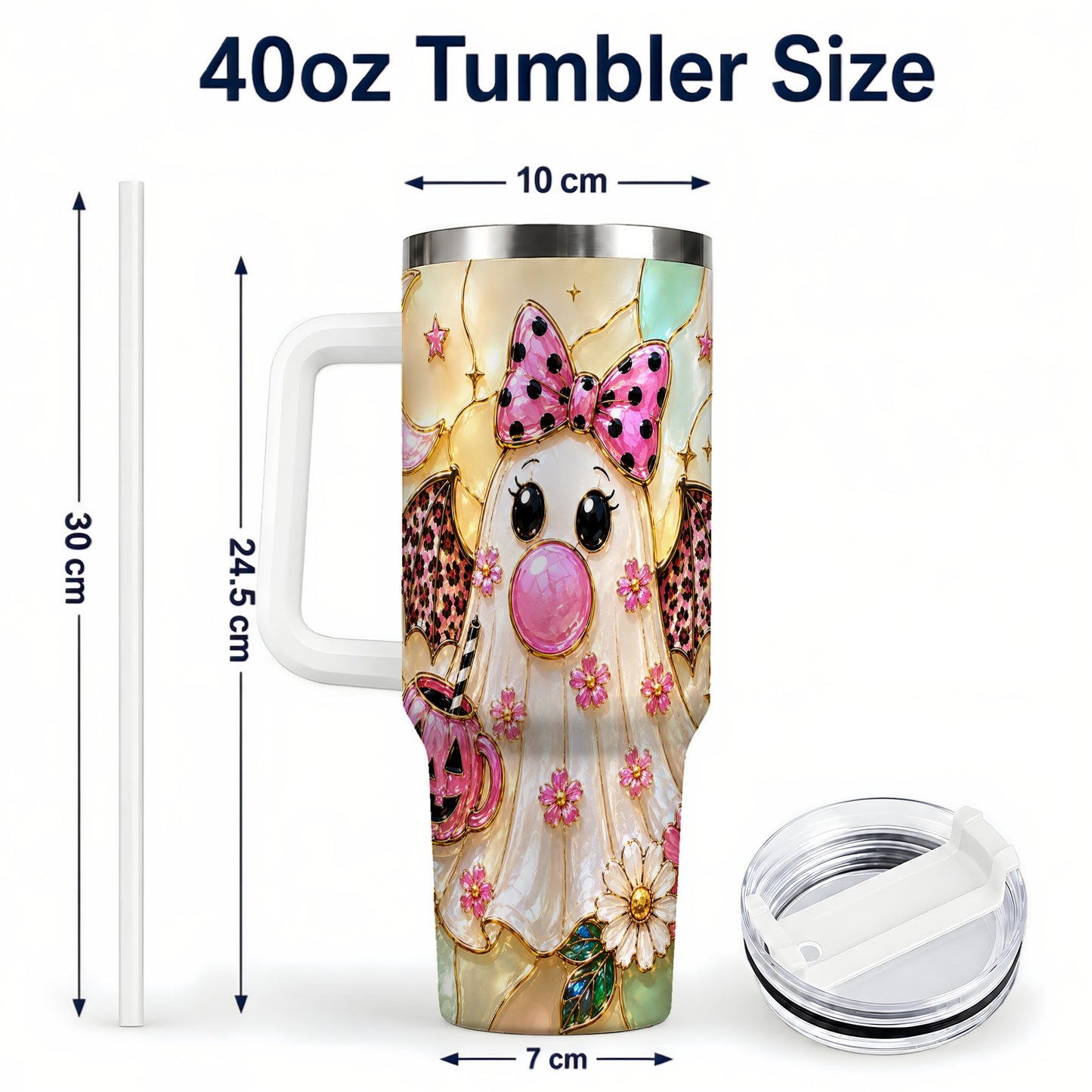 #pl[40oz|White] Bow Ghost 40oz Tumbler with Handle, Halloween Stainless Steel Travel Cup