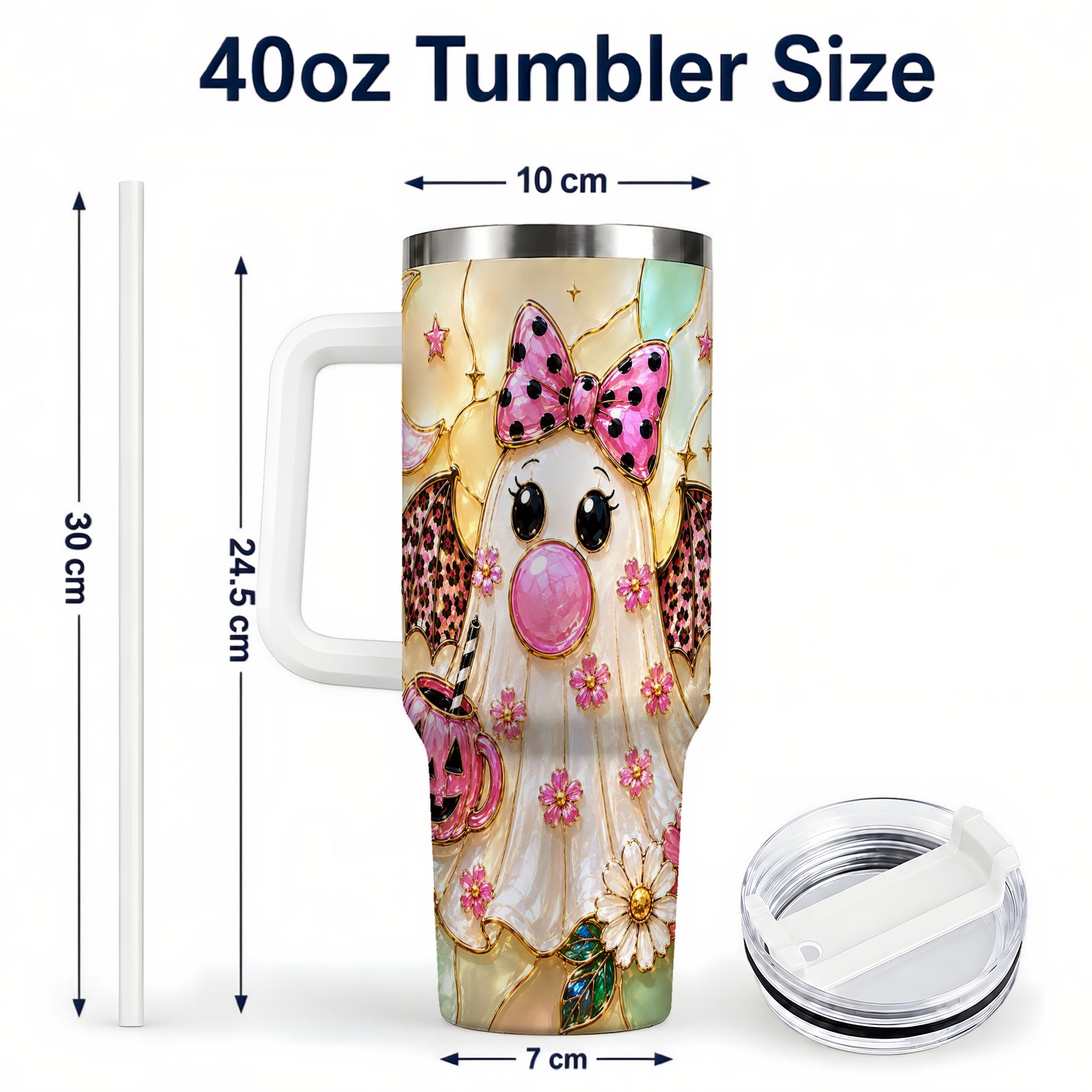 #pl[40oz|White] Bow Ghost 40oz Tumbler with Handle, Halloween Stainless Steel Travel Cup