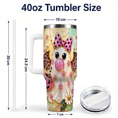 #pl[40oz|White] Bow Ghost 40oz Tumbler with Handle, Halloween Stainless Steel Travel Cup