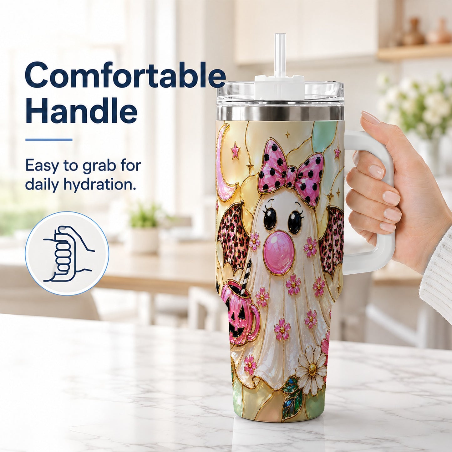 #pl[40oz|White] Bow Ghost 40oz Tumbler with Handle, Halloween Stainless Steel Travel Cup