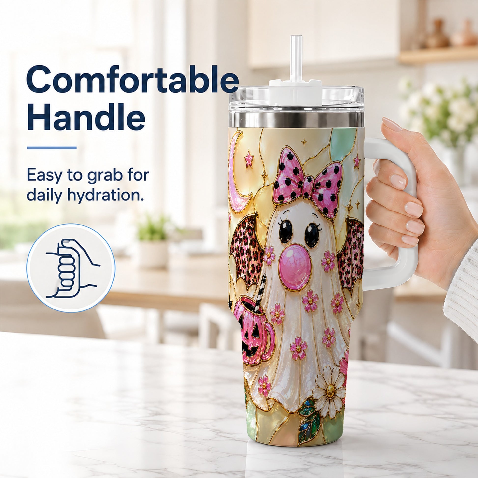 #pl[40oz|White] Bow Ghost 40oz Tumbler with Handle, Halloween Stainless Steel Travel Cup