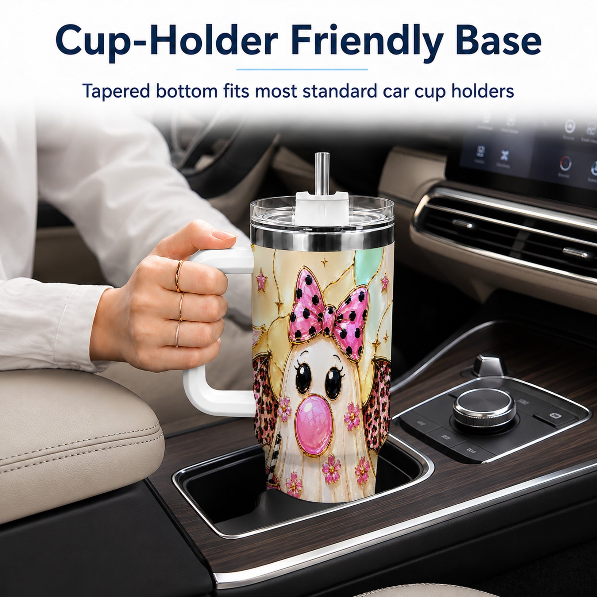 #pl[40oz|White] Bow Ghost 40oz Tumbler with Handle, Halloween Stainless Steel Travel Cup