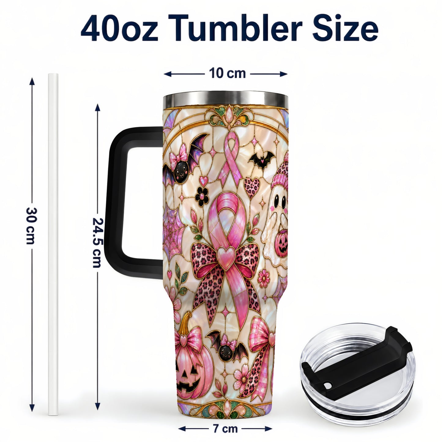 #pl[40oz|Black] Awareness Ribbon Ghost 40oz Tumbler with Handle, Halloween Travel Cup