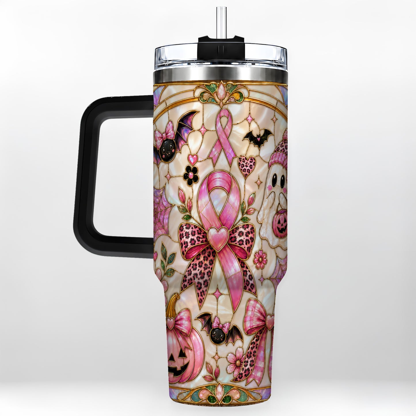 #pl[40oz|Black] Awareness Ribbon Ghost 40oz Tumbler with Handle, Halloween Travel Cup