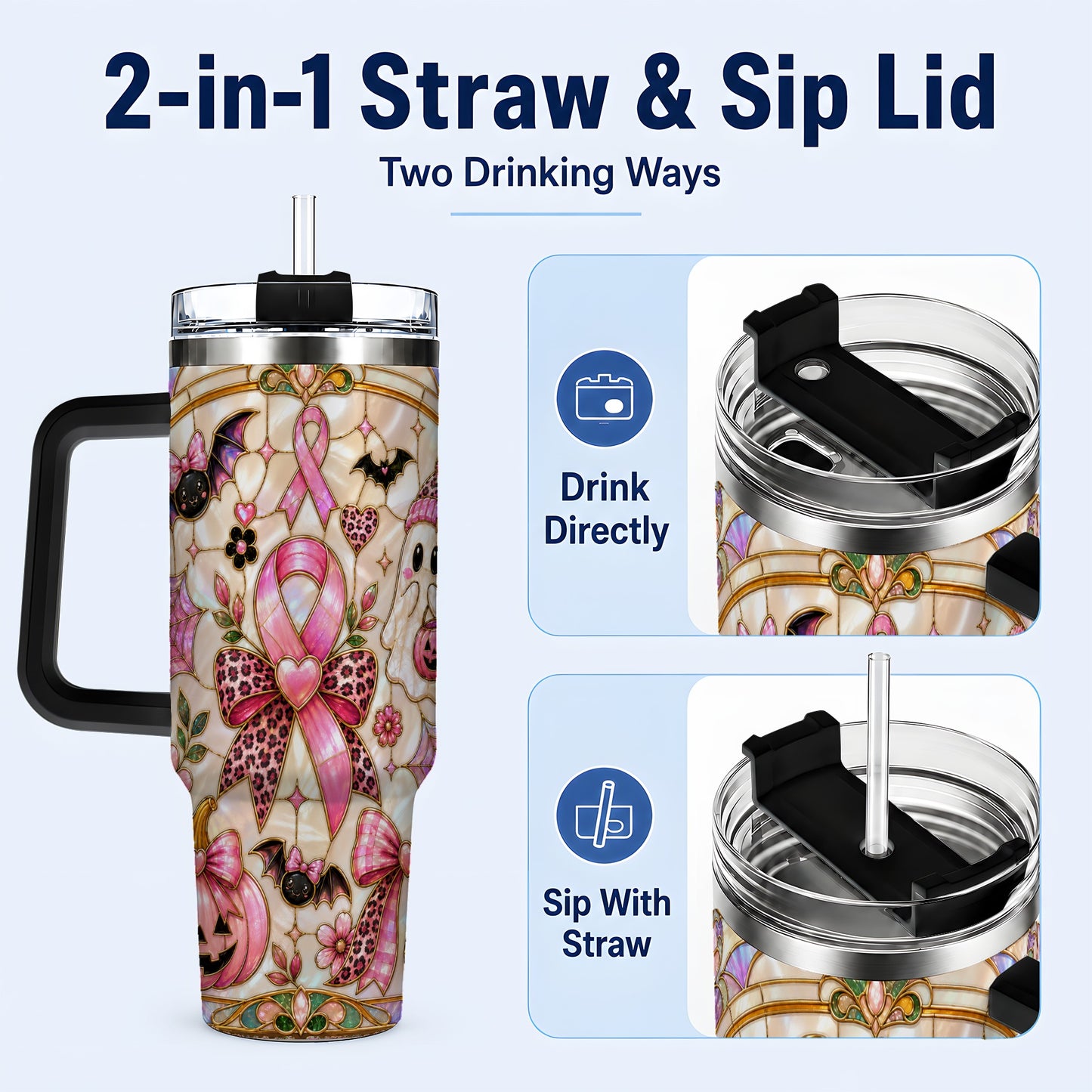 #pl[40oz|Black] Awareness Ribbon Ghost 40oz Tumbler with Handle, Halloween Travel Cup