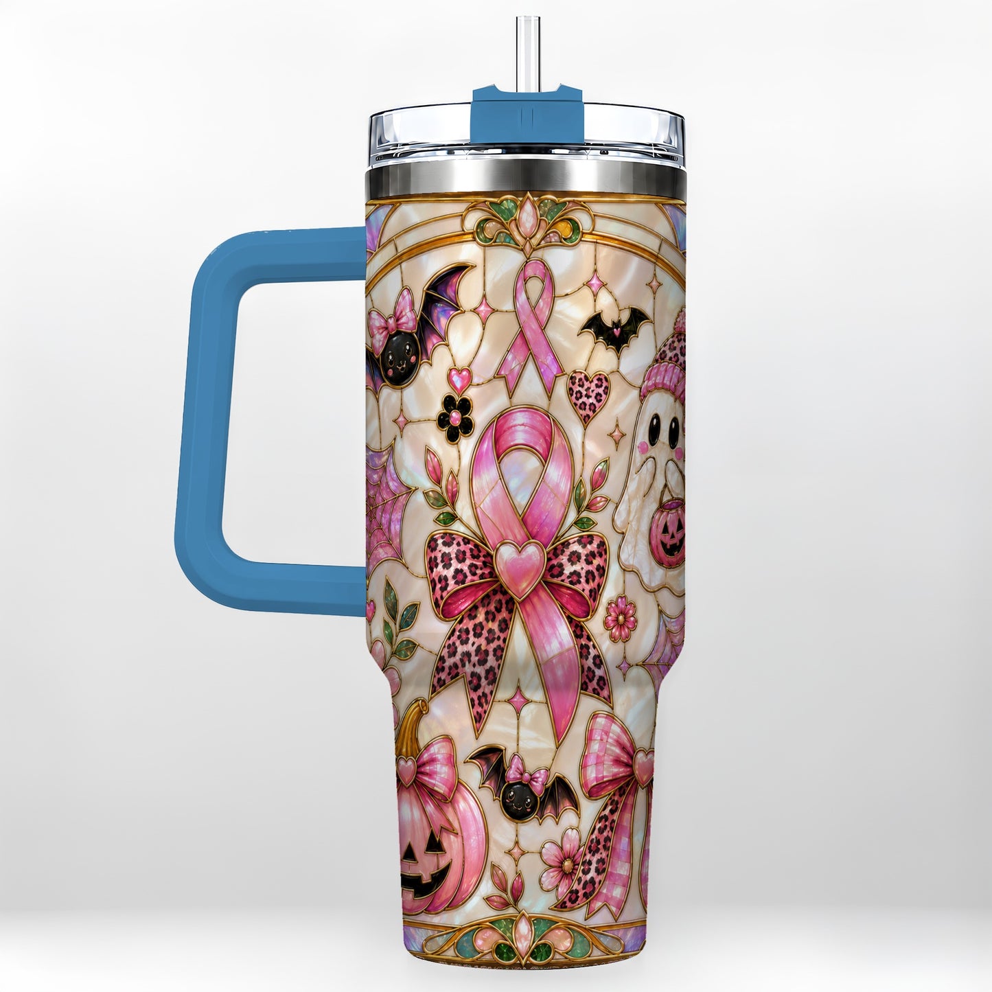 #pl[40oz|Blue] Awareness Ribbon Ghost 40oz Tumbler with Handle, Halloween Travel Cup
