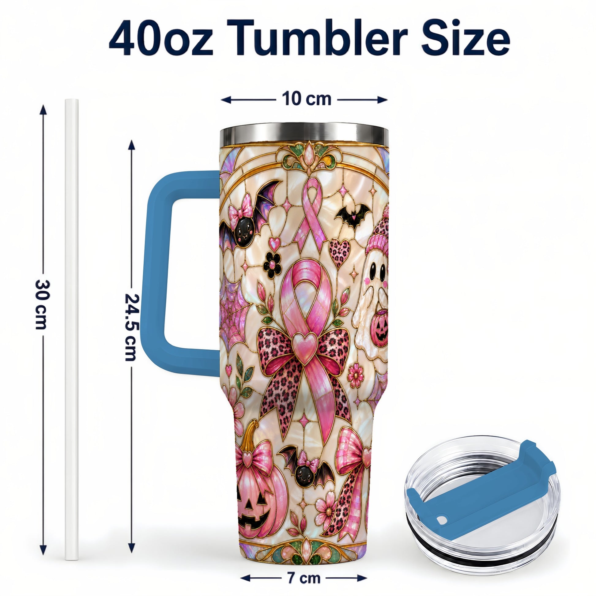 #pl[40oz|Blue] Awareness Ribbon Ghost 40oz Tumbler with Handle, Halloween Travel Cup