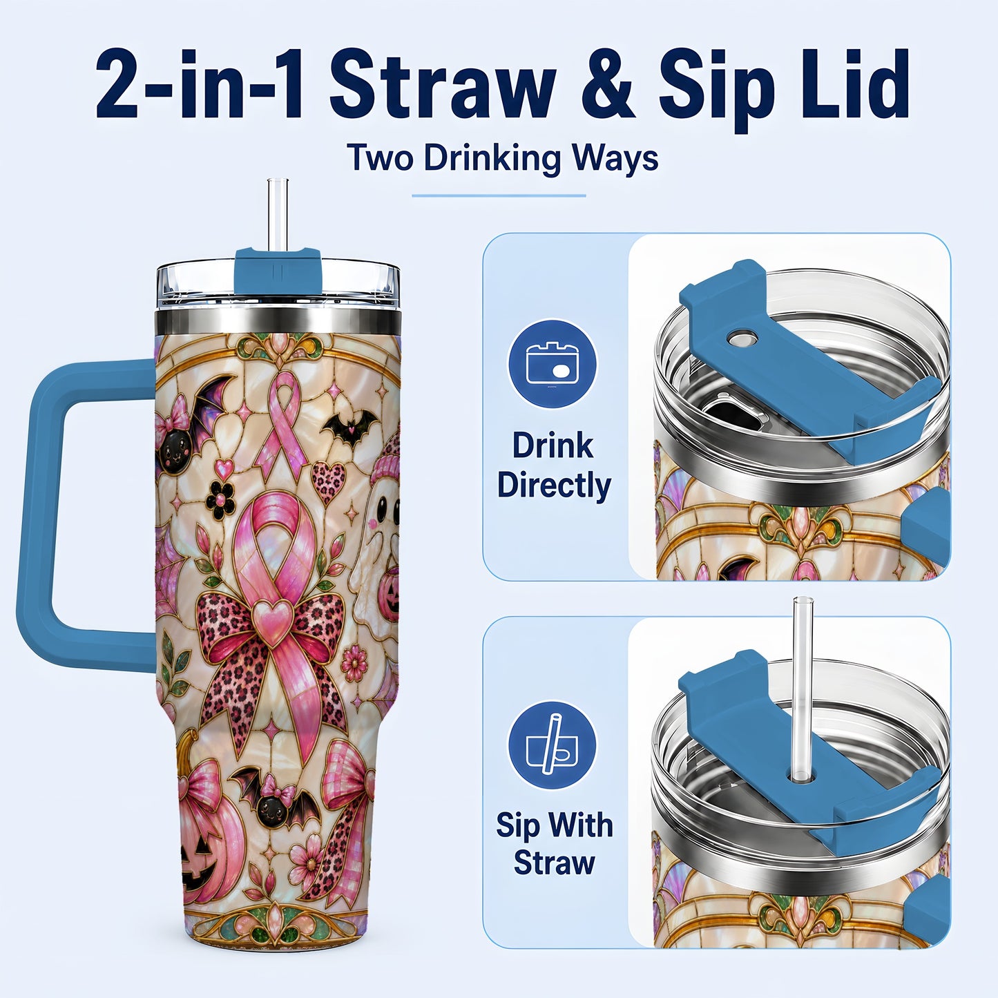 #pl[40oz|Blue] Awareness Ribbon Ghost 40oz Tumbler with Handle, Halloween Travel Cup