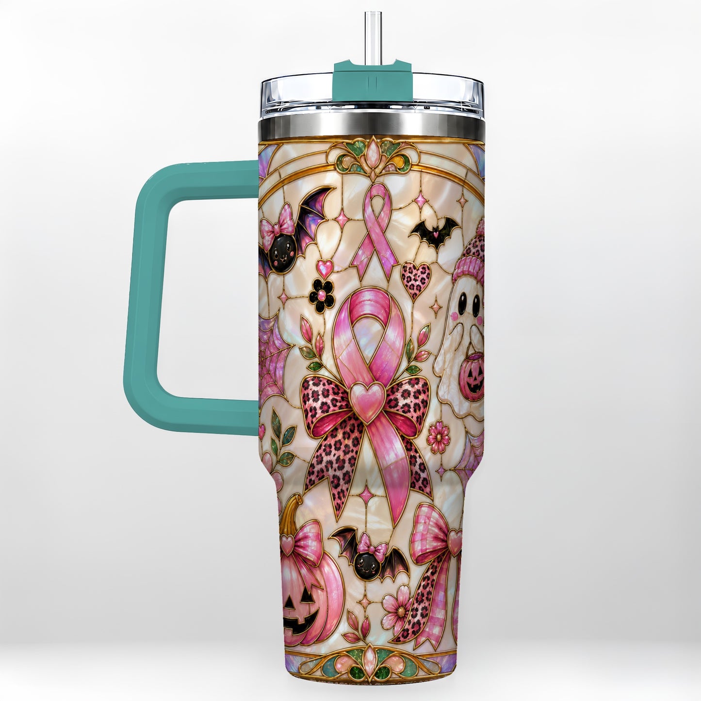 #pl[40oz|Green] Awareness Ribbon Ghost 40oz Tumbler with Handle, Halloween Travel Cup