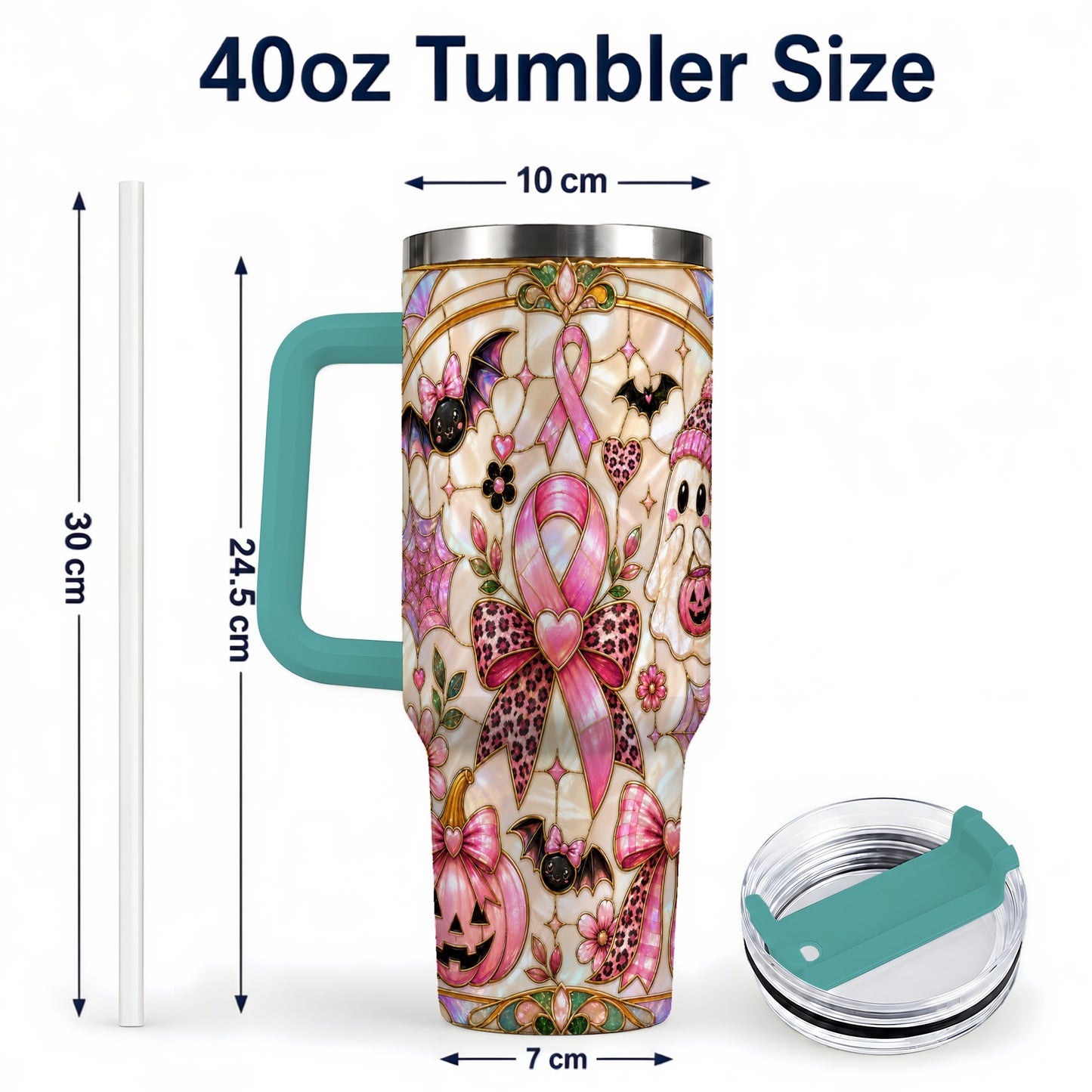 #pl[40oz|Green] Awareness Ribbon Ghost 40oz Tumbler with Handle, Halloween Travel Cup
